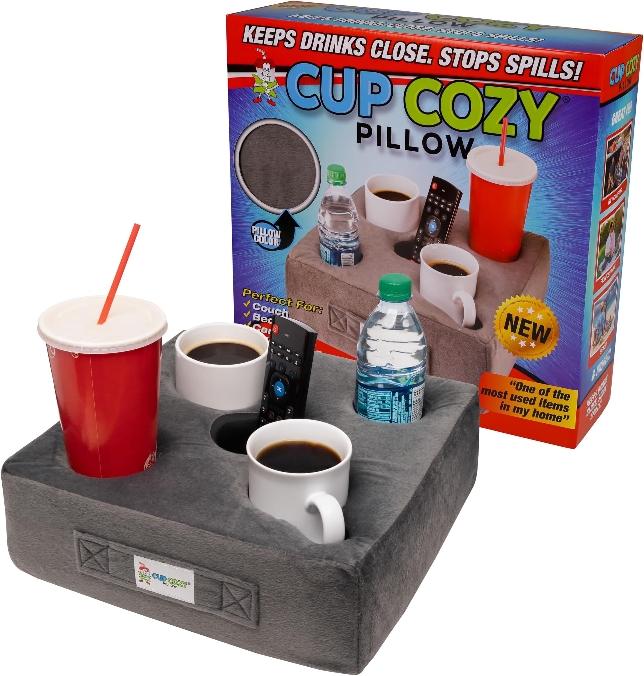 Cup Cozy Deluxe Pillow (Gray) *As Seen on TV* -The World's Best Couch Cup Holder Pillow! Cup Holder Pillow for The Couch, Sofa, Bed, Car, RV, Park & More! Drinks, Remotes, & Snacks Holder Tray