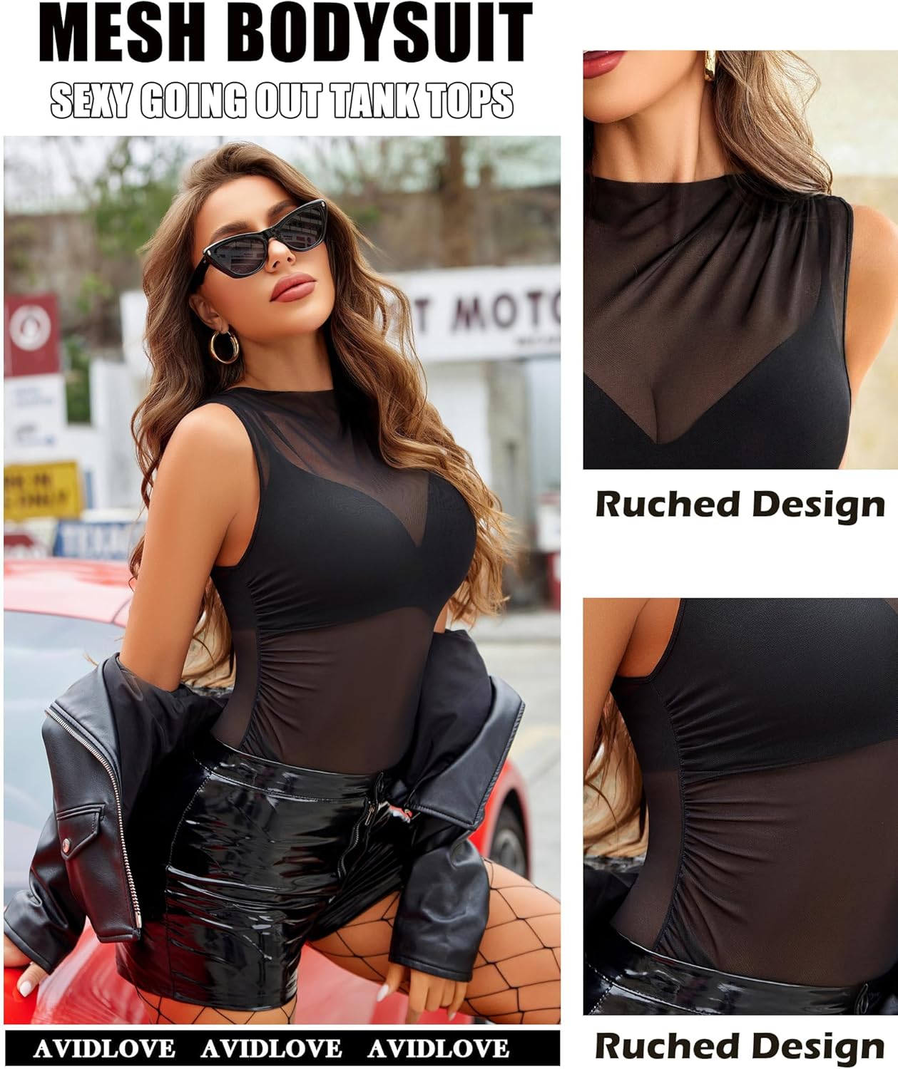 Avidlove Womens Lingerie Camisoles Tanks Mock Neck Sheer Sleeveless Ruched Going Out Bodysuit Tops - Image 3