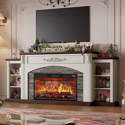 80" Fireplace with Mantel, Electric Fireplace TV Stand for TVs Up to 90 Inch,30” Red Brick Fire Place Insert Heater for Living Room,Farmhouse Entertainment Center with Storage for Bedroom
