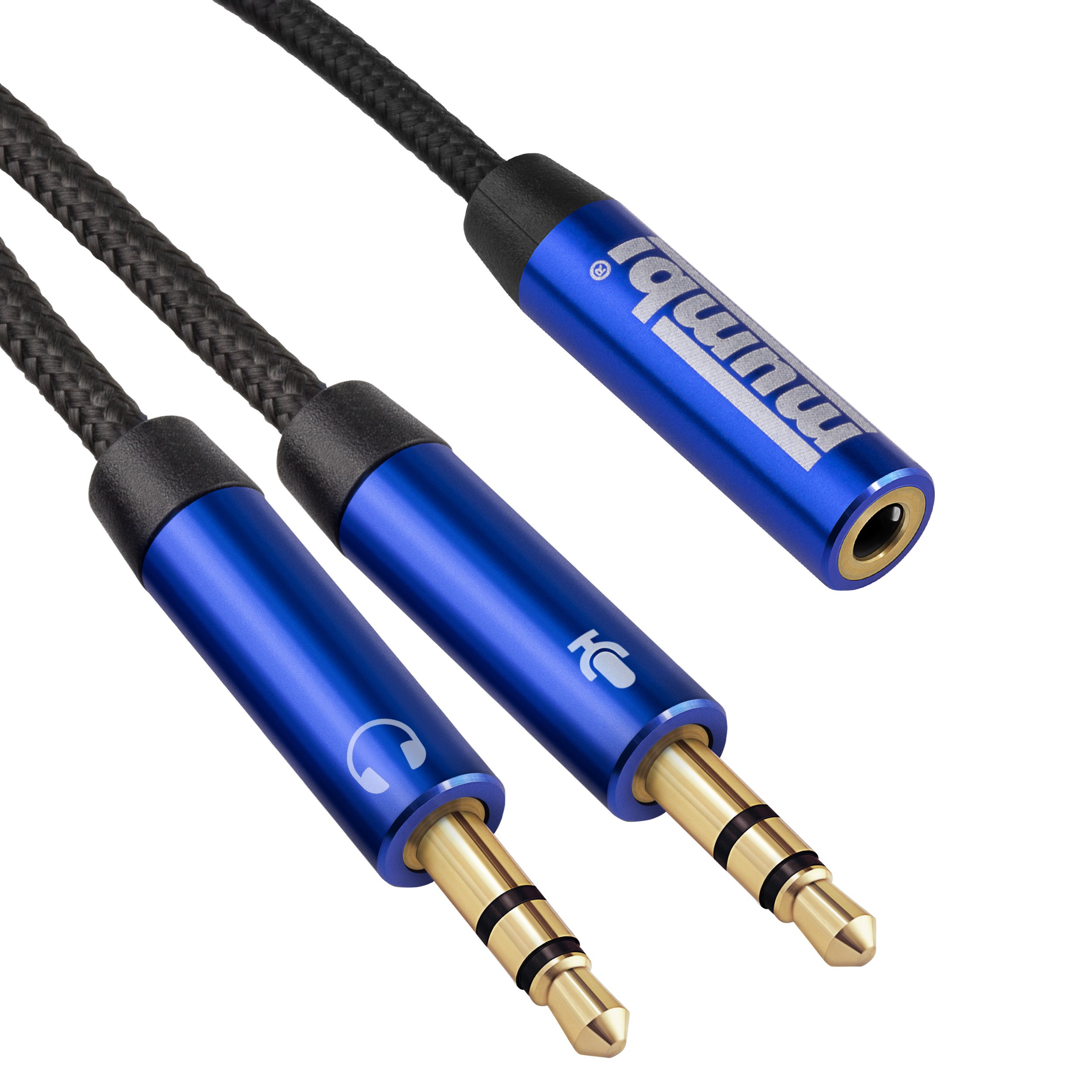 mumbi Smartphone Headset Adapter Cable Nylon 2x 3.5 mm Jack to 3.5 mm Female 60 cm, blue, 60cm