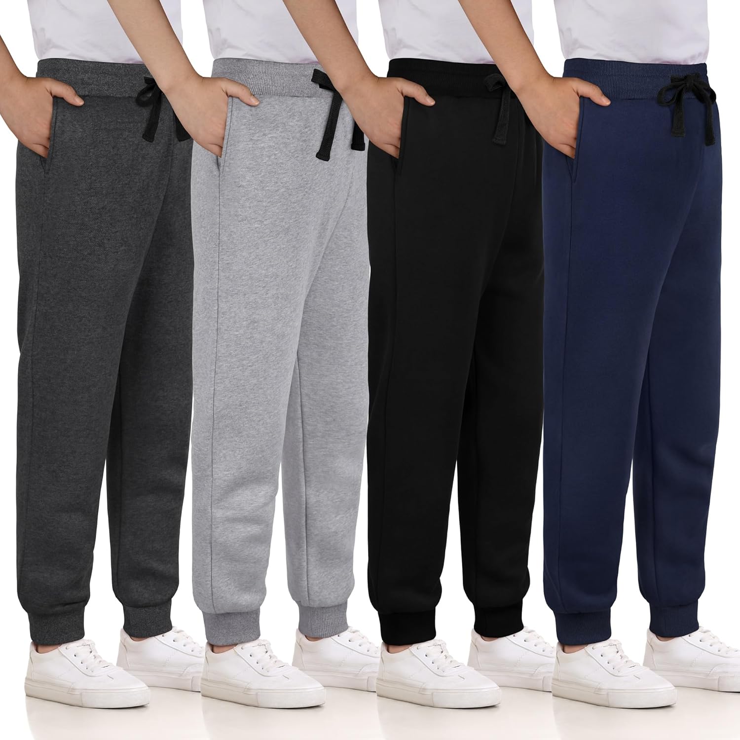 4 Pack Boys Sweatpants Cotton Fleece Lined Boys Athletic Joggers, Active Sweat Pants with Pockets Drawstring for Kids Youth