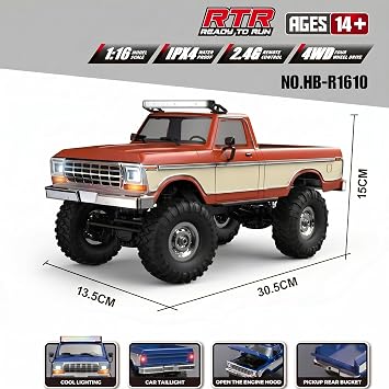 1/16 Scale 4WD RC Crawler Truck, 2.4G Full Proportional Remote Control Pickup Car with Cool LED Lights, All Terrain Off-Road Truck for Adult (RTR/Red)