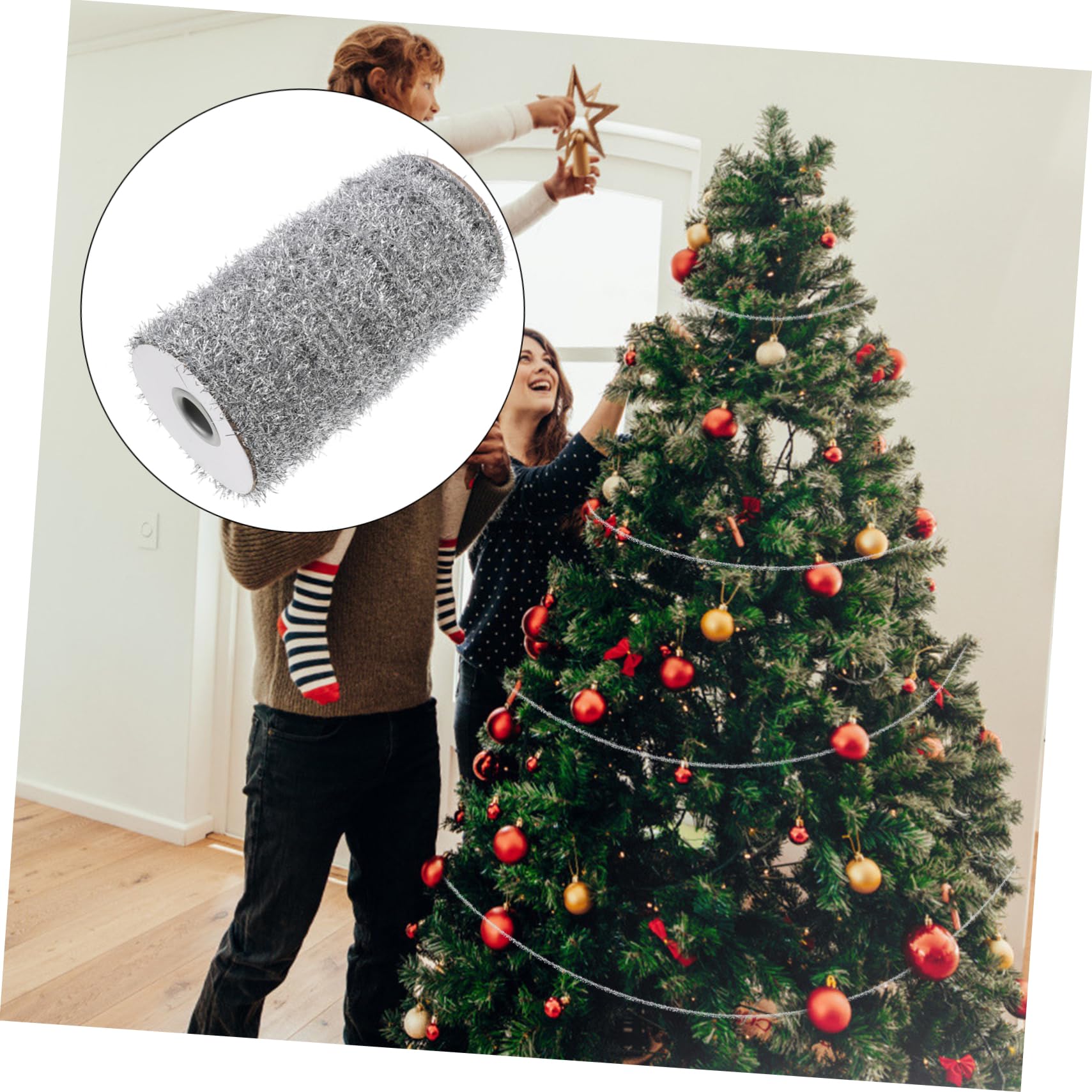 Guirnalda de espumillón para Navidad, 1 Rollo de guirnaldas metálicas de Colores, Guirnalda de oropel, Navidad metálica(Silverx2pcs,Mediumx2pcs)