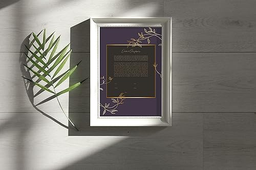 Miniatura 5 de Maybie & Co. Arte de Ketubah floral morado y dorado enmarcado personalizado | Contrato de amor de arte judío | Contrato de matrimonio interreligioso