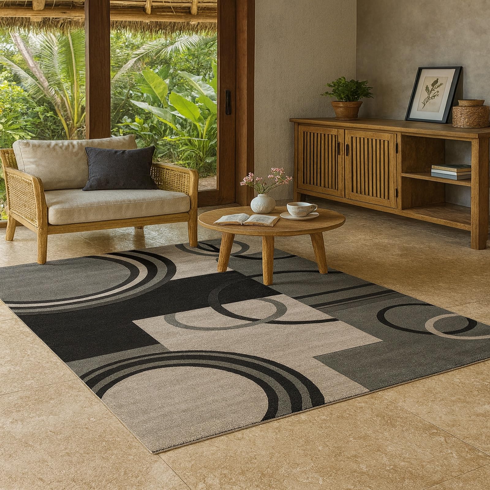 Tapis géométrique moderne noir et gris 155x215 cm pour camoufler un sol froid