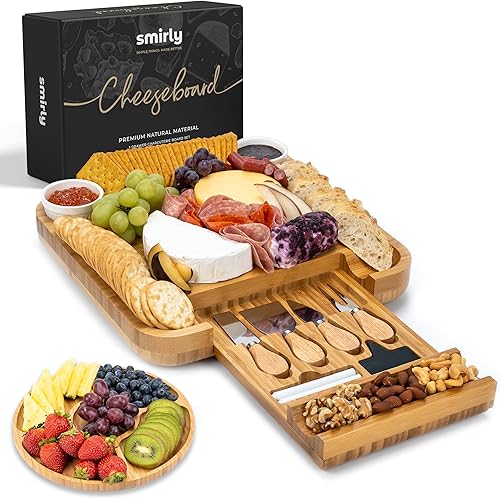 SMIRLY Juego de tablas de queso y cuchillos de bambú juego de tablas de embutidos grandes y bandeja de queso regalos únicos para calentar la casa
