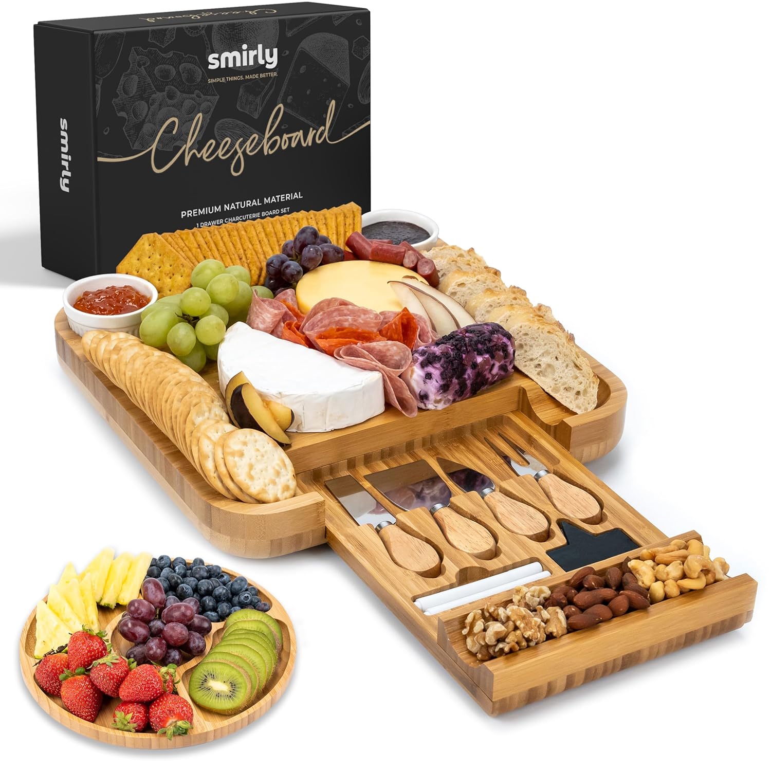 SMIRLY Charcuterie Large Bamboo Cheese Board Set for Serving - House Warming Gifts for New Home Wedding Bridal