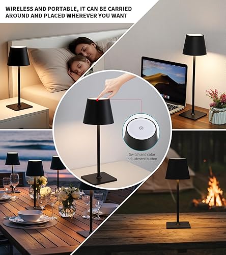 Miniatura 2 de Paquete de 2 lámparas de mesa LED recargables inalámbricas con atenuador, lámpara de escritorio portátil negra, lámpara de noche pequeña, lámpara de