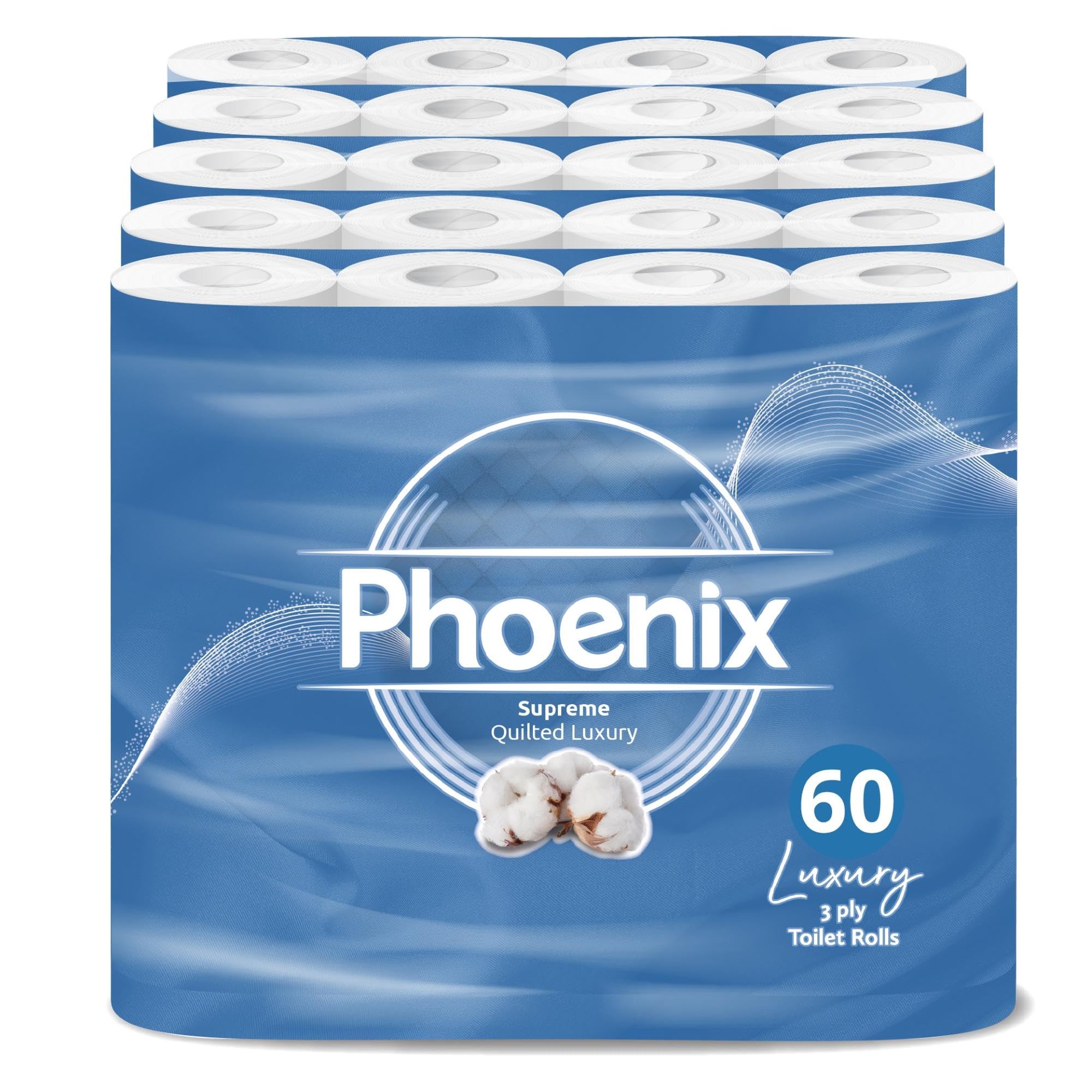 Phoenix Toilet Rolls – 60 Pack | 3 Ply Supreme Unscented Toilet Paper | Bulk Buy, Soft, Quilted, Sustainably Sourced, Eco- Friendly Luxury Bathroom Tissue
