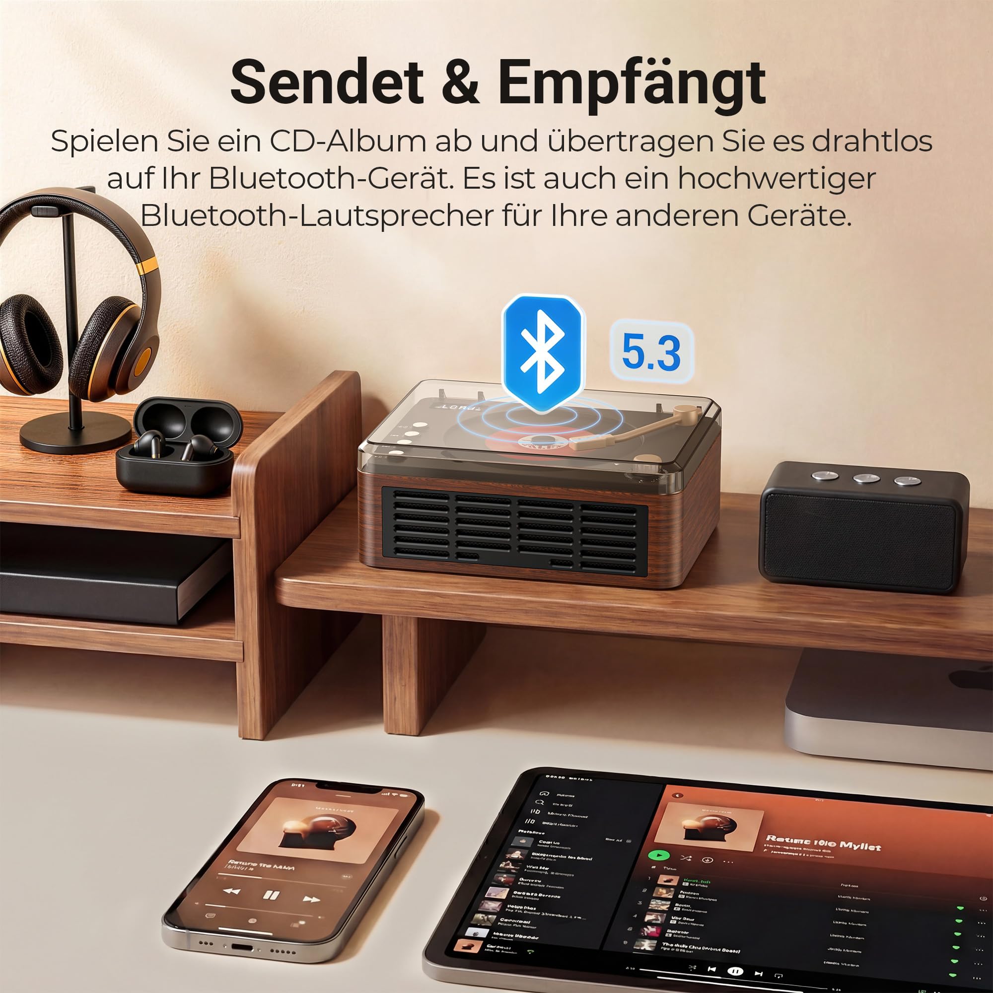 POFOTO Tragbarer CD-Player mit Bluetooth 5.3, Langer Akku, Bluetooth-Lautsprecher, LCD-Display, unterstützt Radio/USB/AUX, Vintage Desktop CD Spieler mit Lautsprecher – für Zuhause/Geschenk