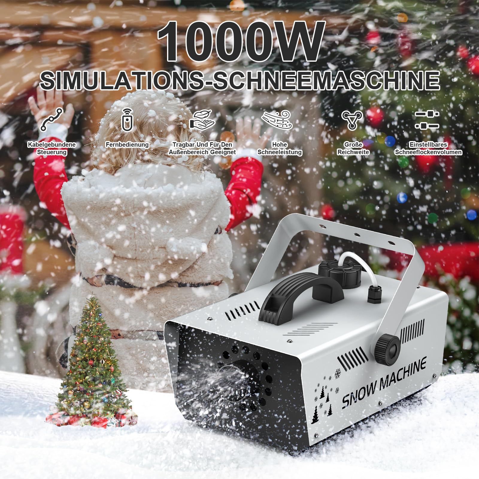 Macchina per Schiuma 1000W, Macchina per neve con telecomando e controllo via cavo, serbatoio da 1 litro per Natale, matrimoni, fotografia, feste, palchi per bambini, sfilate