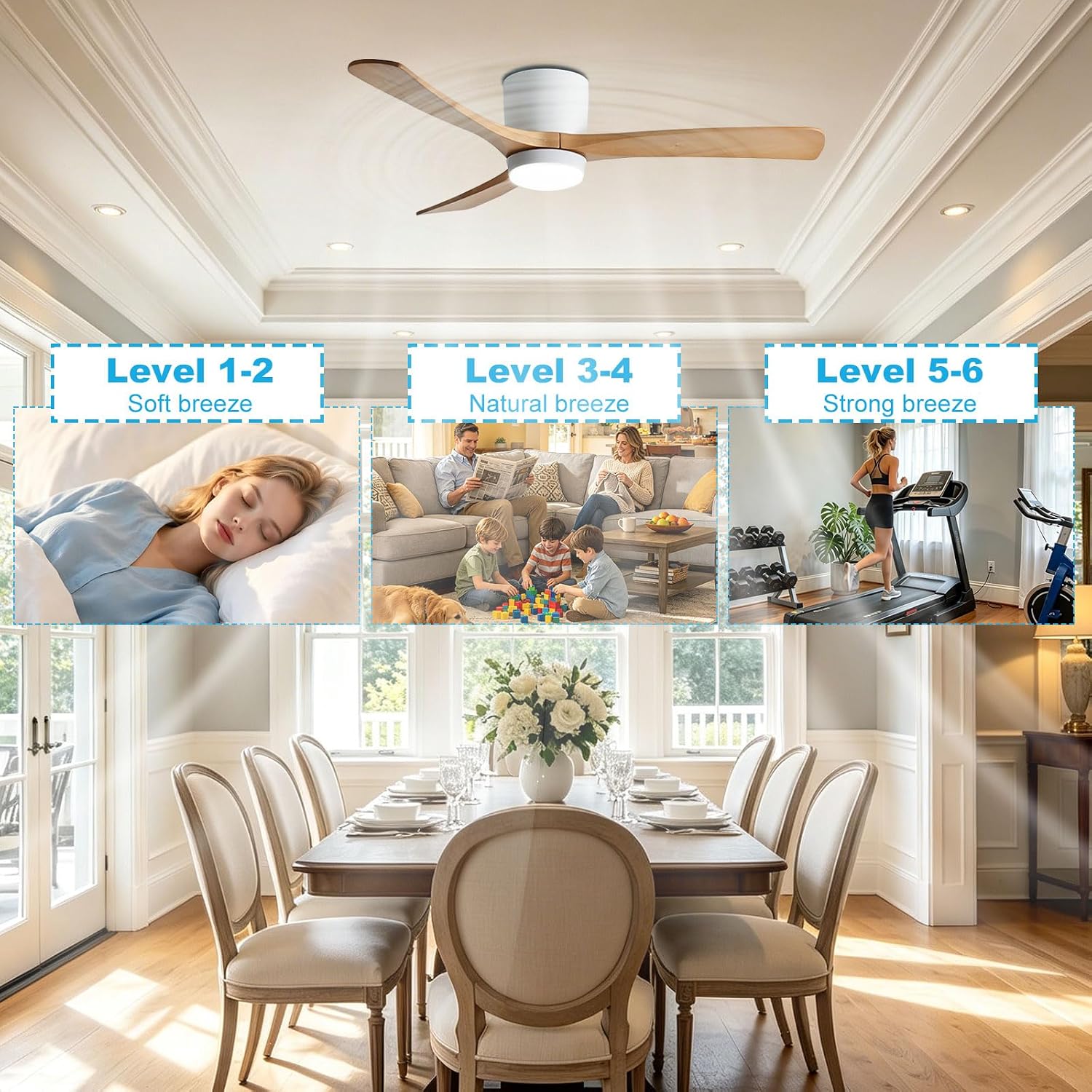 Quiet Ceiling Fan Light Modern Wood Ceiling Fan with Light Flush Mount Ceiling Fans with Remote Control for Bedroom Living Room Farmhouse Porch Low Profile 6 Speed Ceiling Fan 3 Blades