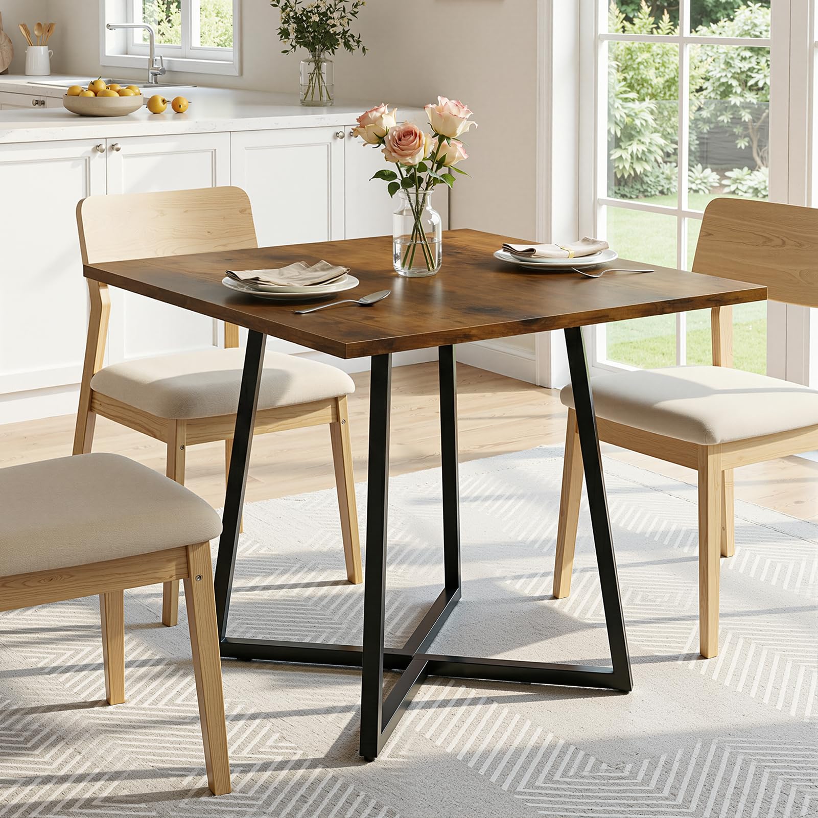 Warmiehomy Wooden Dining Table for 2-4 People, 80cm Small Square Dining Room Table with Metal Legs for Home Apartment, Kitchen, Living Room, Reception, Restaurants, Rustic Brown