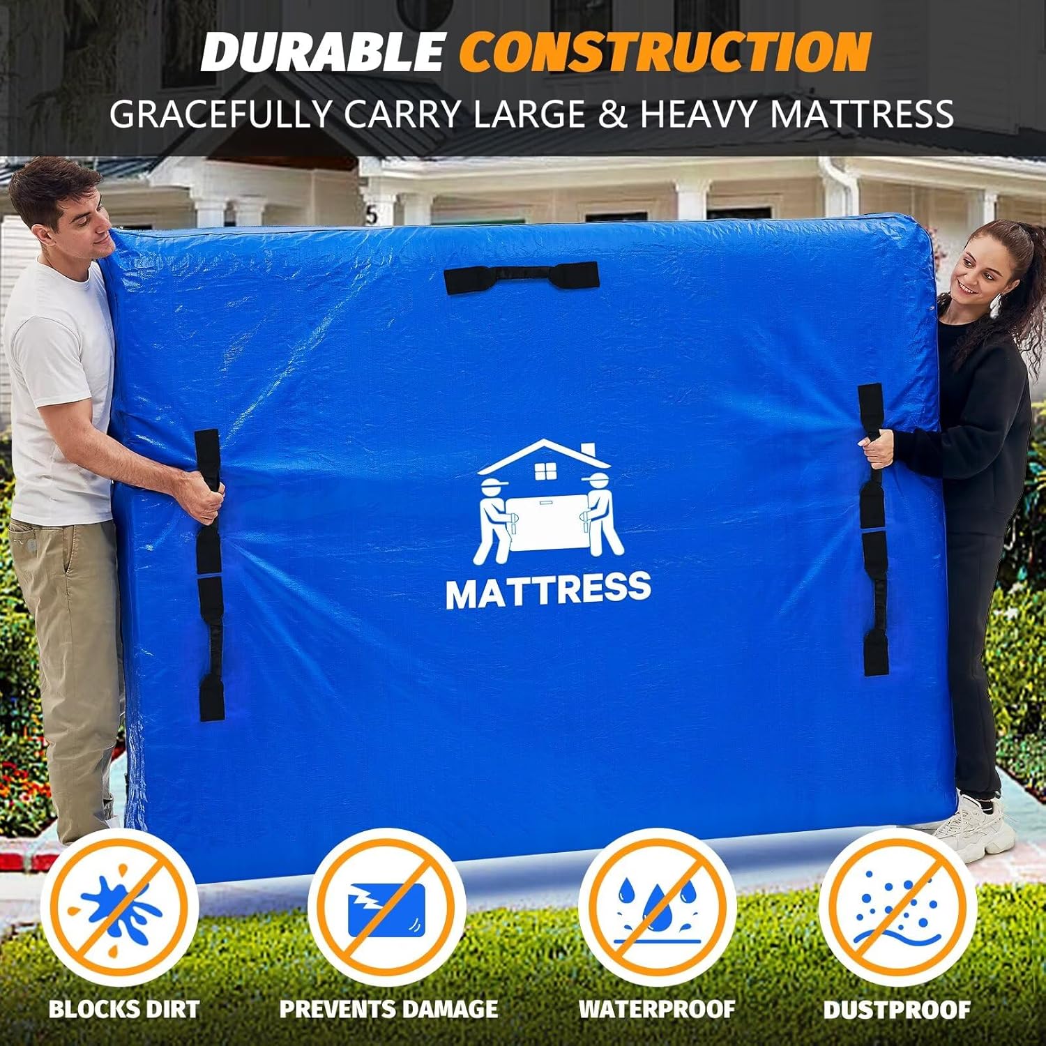 Mattress Bags for Moving, BETU Mattress Protector Waterproof Mattress Cover Twin XL Size Storage Bags with 8 Heavy-Duty Handles and Zipper for College Bed Extra Thick Large(82"x42"x15" Blue)