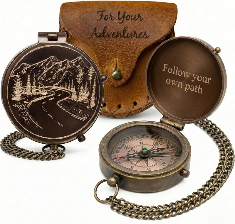Engraved Brass Pocket Compass Gifts for Men – Vintage Antique Compass | Mountain & Road Design, Follow Your Own Path, Leather Case, Hiking Gift for Dad, Husband, Son, Retirement, Graduation