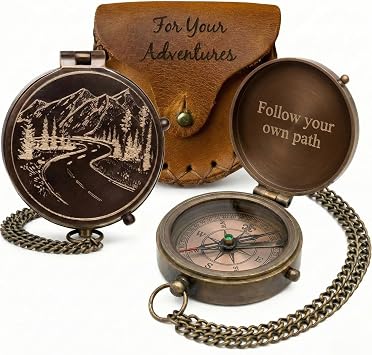 Engraved Brass Pocket Compass Gift for Men Vintage Antique Compass for Hiking, Adventure, and Travel Leather Case Included Moon & Stars, or Road Design Gift for Dad, Husband, or Son