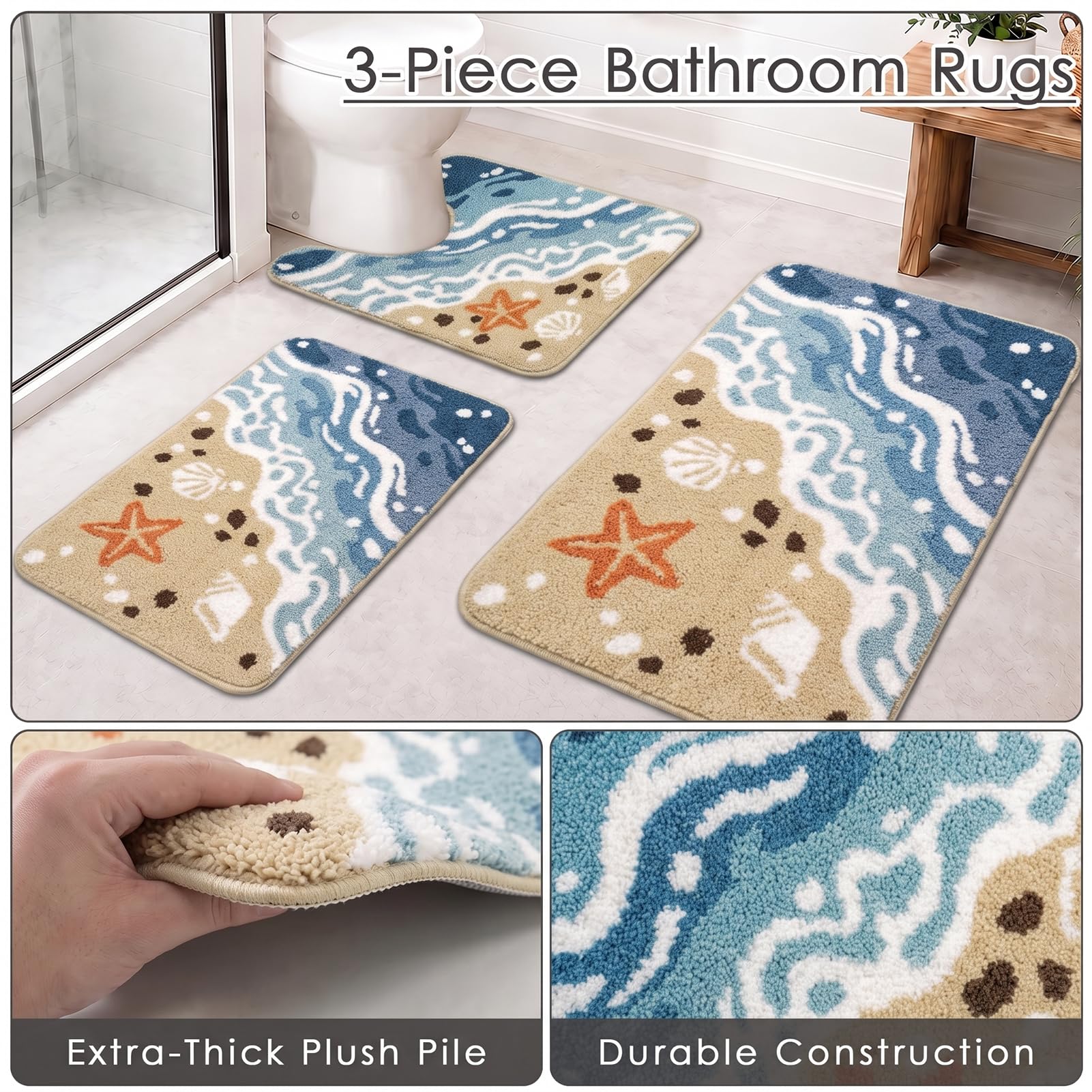 Britimes Badteppich, flauschig, Mikrofaser, rutschfest, mit U-förmiger Kontur, WC-Vorleger, wasserabweisend, weich, saugfähig, waschbar, für Badewanne, Dusche, Waschküche, 3-teilig