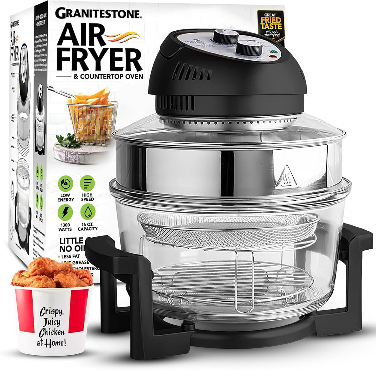Big Boss 16Qt Extra Large Glass Air Fryer Non Toxic – Family Sized 4 in 1 Cooker with 3 Cooking Sections, Stainless Steel Racks for French Fries, Chicken, No Preheat, Self Cleaning, Dishwasher Safe