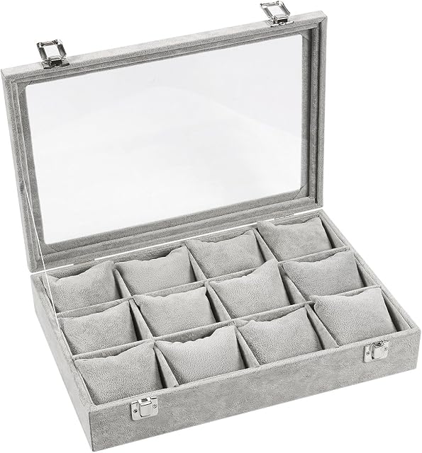 12 Grids Watch Display Box, Velvet Lined Storage Organiser Box, Grey, 13.8 x 6.8 x 24 cm