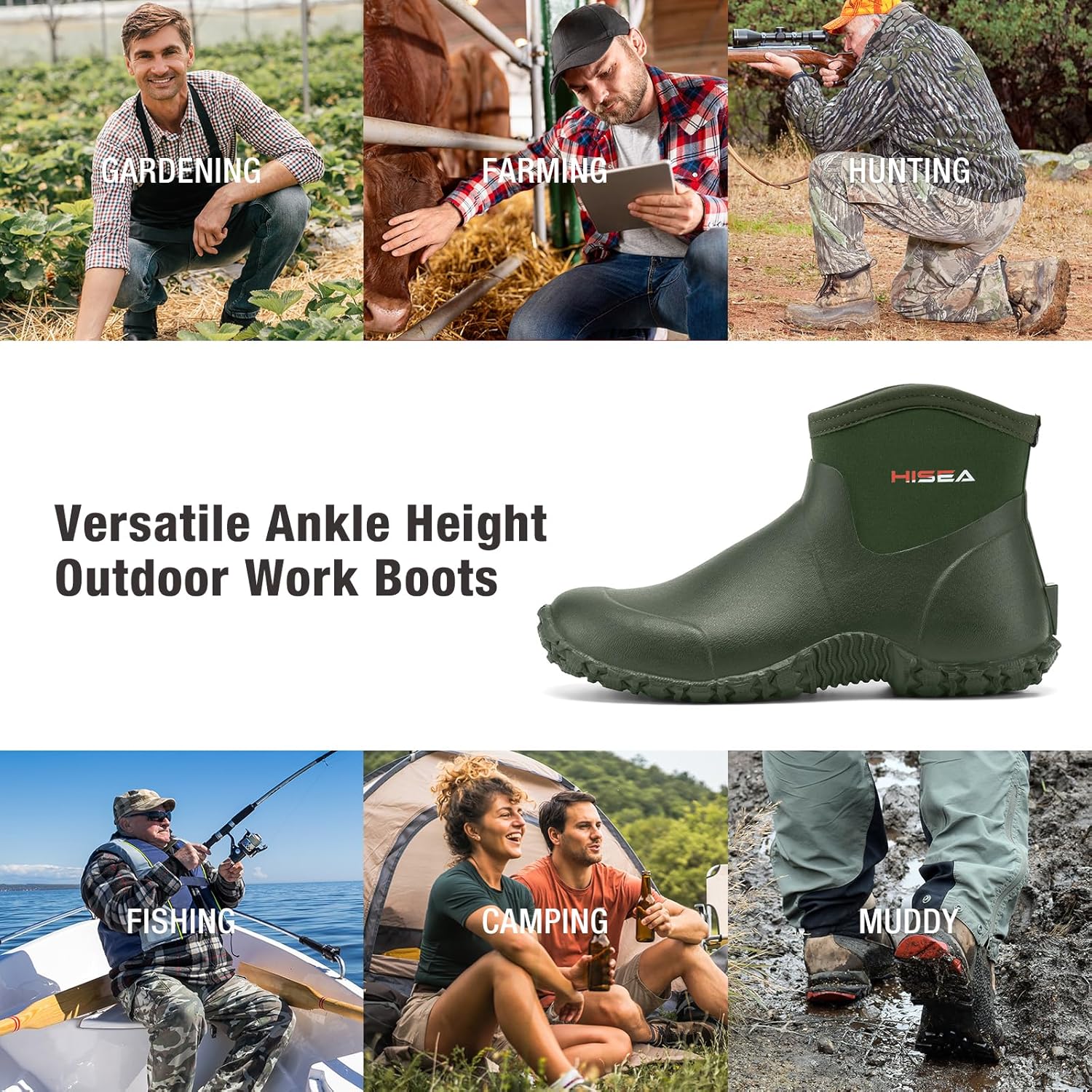 HISEA Men's Rain Boots, Ankle Height Garden Shoes Waterproof Insulated Rubber Neoprene Mud Boots Anti-Slip Outdoor Work Booties for Gardening Farming Camping Fishing and Yard Working - Image 6