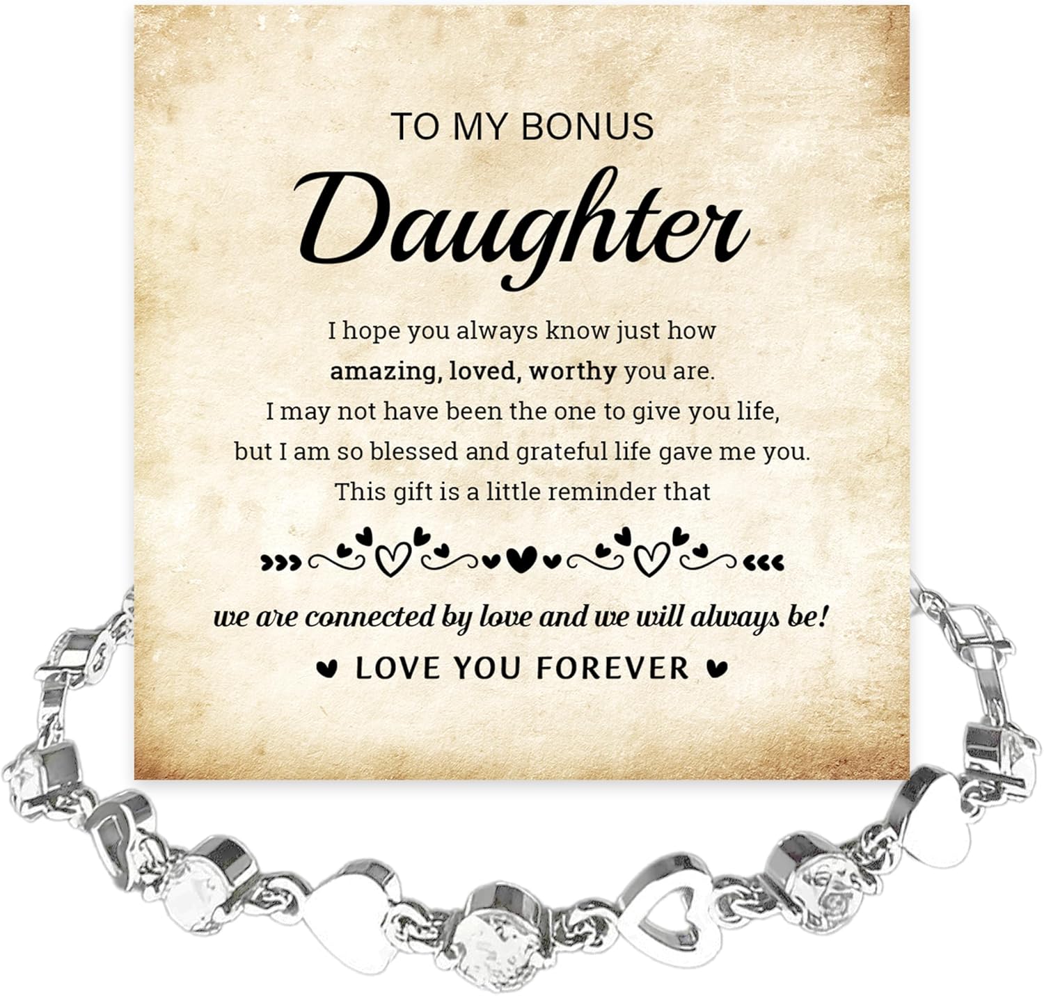 To My Bonus Daughter Crystal Heart Bracelet From Step Mom Dad, To My Stepdaughter, Goddaughter Jewelry, Birthday Graduation Christmas Gift With Heartfelt Message & Elegant Box
