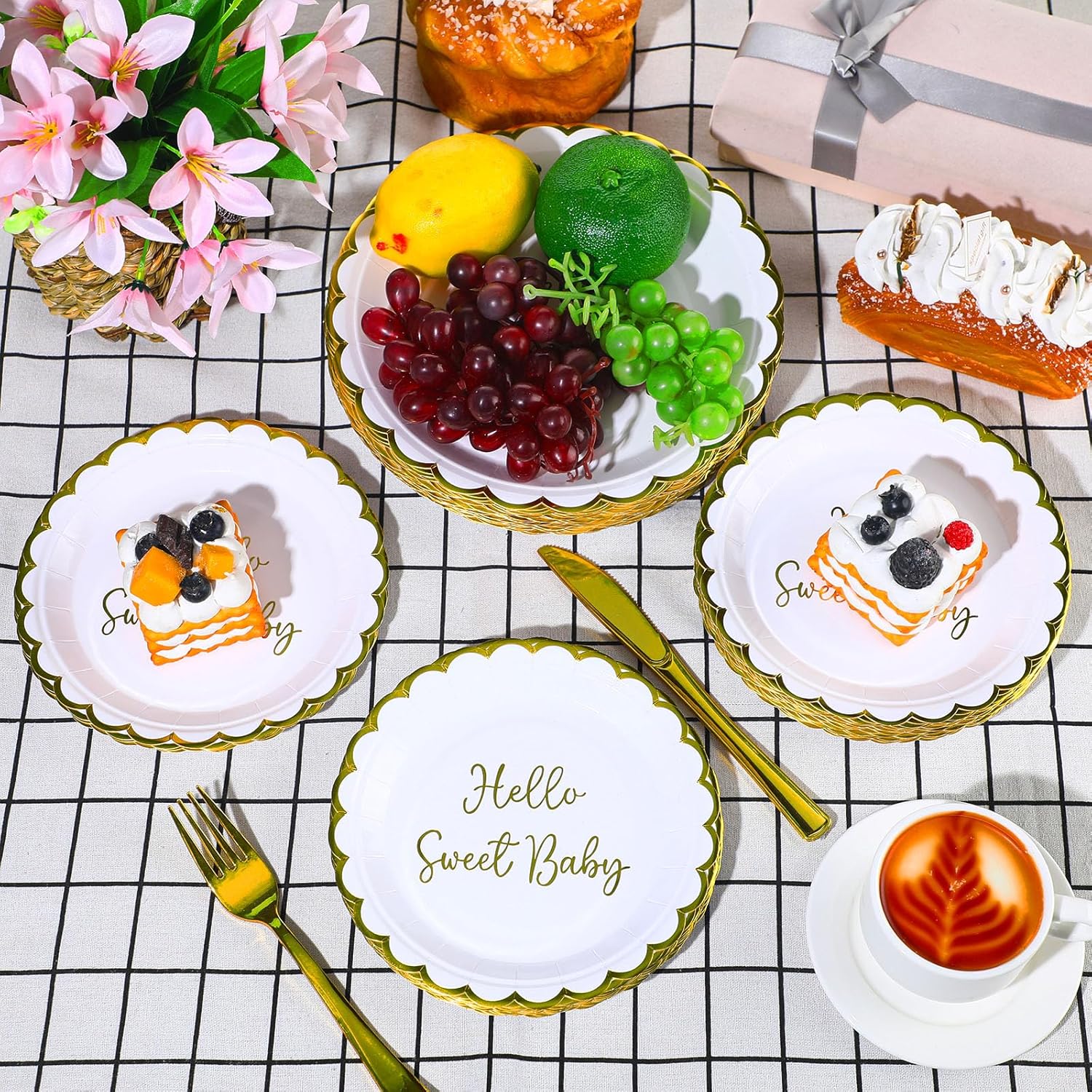 Newtay 100 Pcs Hello Sweet Baby Birthday Paper Plates Disposable Baby Shower Dessert Plates Shower Party Decorations Supplies for Boy Girl Birthday Party Serves 50 Guests