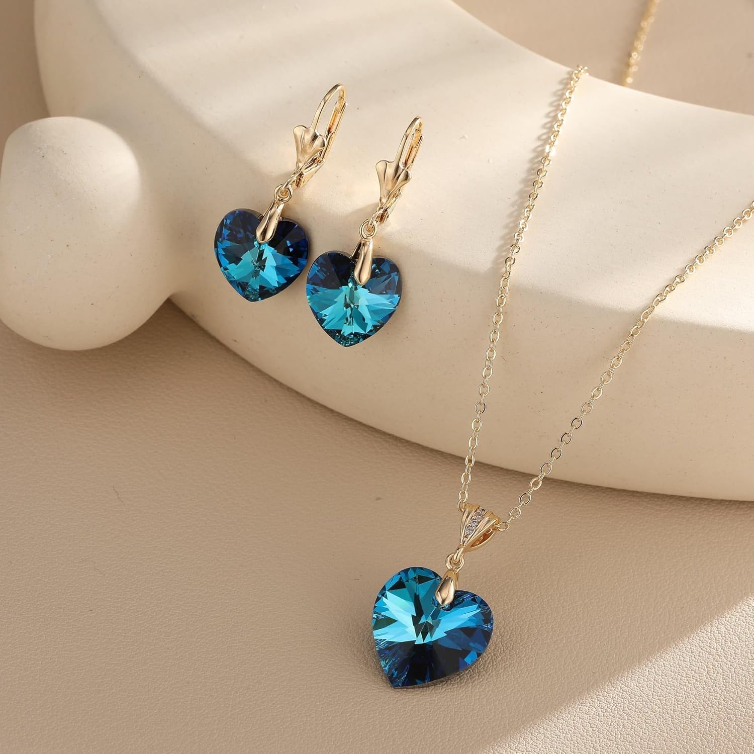 EVEVIC Austrian Crystals Heart Pendant Necklace Earrings for Women 14K Gold Plated Hypoallergenic Leverback Drop Dangle Earring Jewelry Set - Image 3