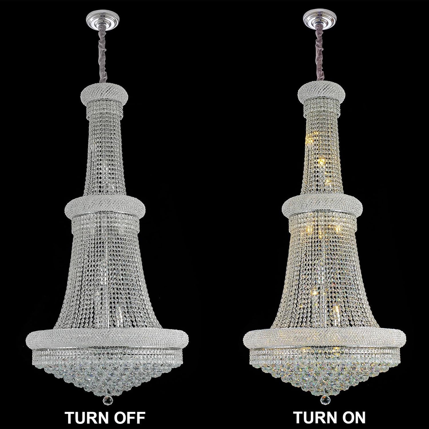 18-Lights 3 Layers Large Chrome Classic Empire Style K9 Crystal Ball Chandelier Decorative Light Fixture for High Ceiling Living Room Foyer Stair Entryway (D27.6 * H59 inches)