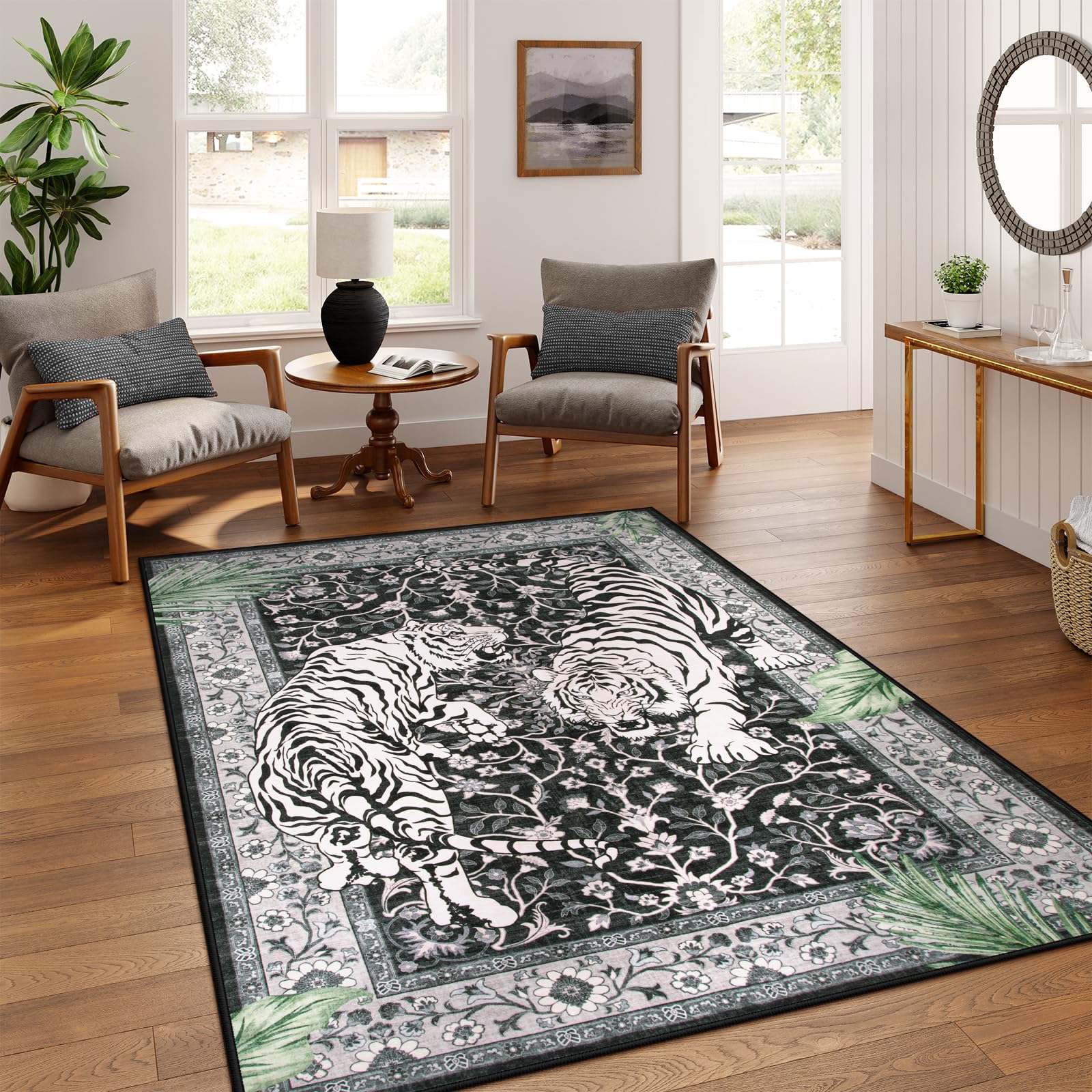 Moynesa Tiger 5x7 Area Rugs, Boho Washable Rugs for Living Room, Vintage Soft Dining Room Rug, Non Slip Ultra Thin Stain Resistant Large Floor Carpet