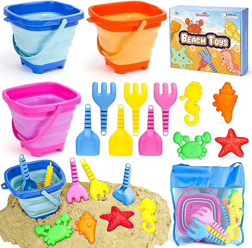 Dreamon Juguetes de playa para niños de 3 a 10 años, juguetes plegables de castillo de arena para playa, incluyen 3 cubos plegables, moldes de palas