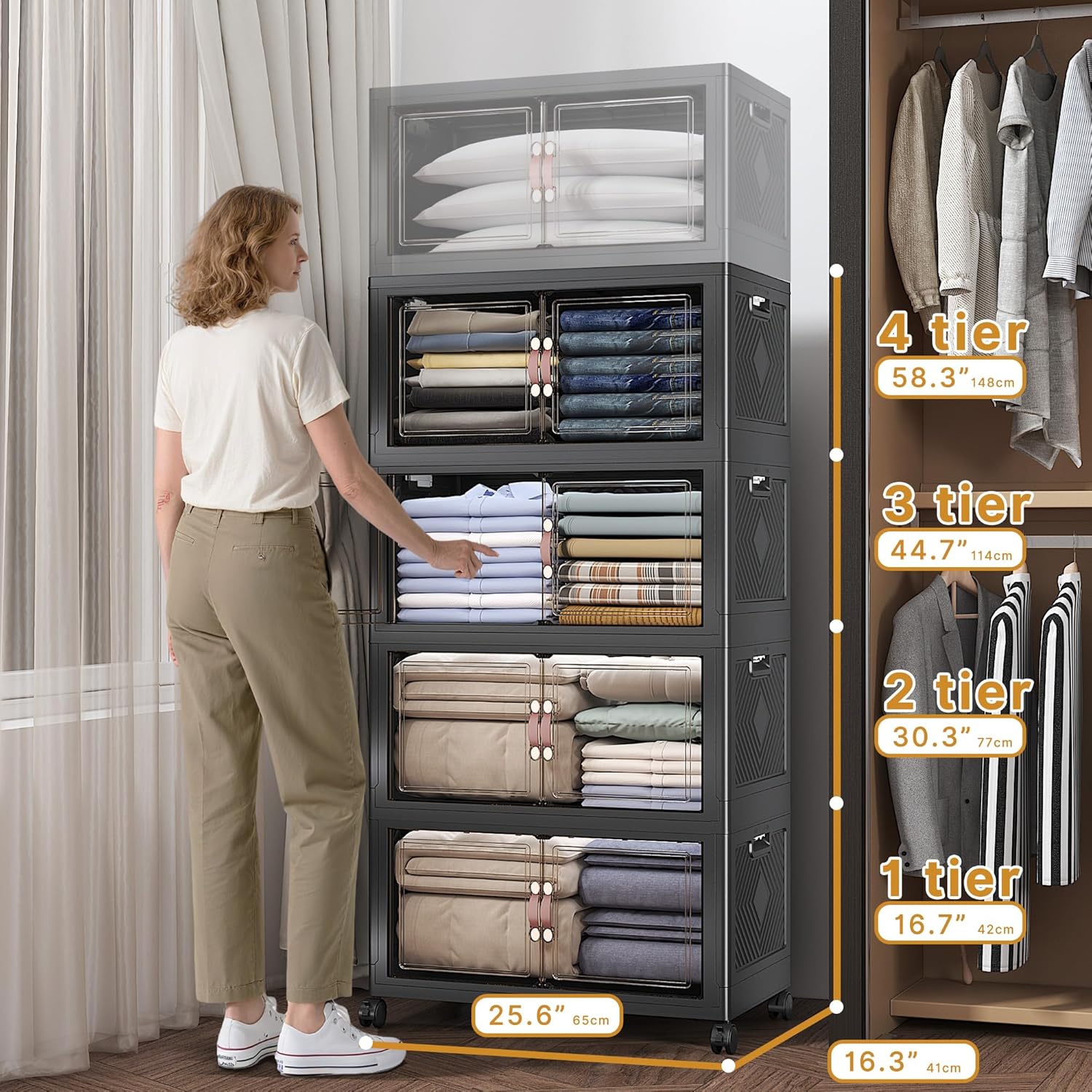 Extra Large Stackable Storage Bins with Lids & Wheels, Foldable Collapsible Closet Organizers Dark Storage Cabinet with Doors for Bedroom Dorm