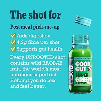 UNROOTED GOOD GUT Super Greens, Lemon & Baobab Health Shots - For Good Gut Health, High in Fibre, Made with Spinach, Lemon, Kale, Supports Detox and Digestion, Daily Shot Multipack 12 x 60ml Bottles