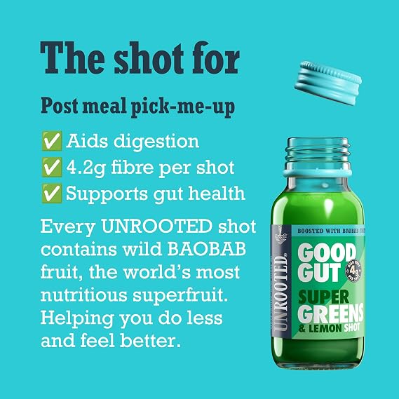 UNROOTED GOOD GUT Super Greens, Lemon & Baobab Health Shots - For Good Gut Health, High in Fibre, Made with Spinach, Lemon, Kale, Supports Detox and Digestion, Daily Shot Multipack 12 x 60ml Bottles
