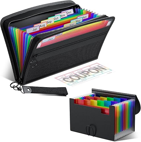 Paquete de 2 organizadores de cupones de recibos, 12 bolsillos, organizador pequeño de archivos de acordeón, tamaño junior de 11 x 6.6 pulgadas y