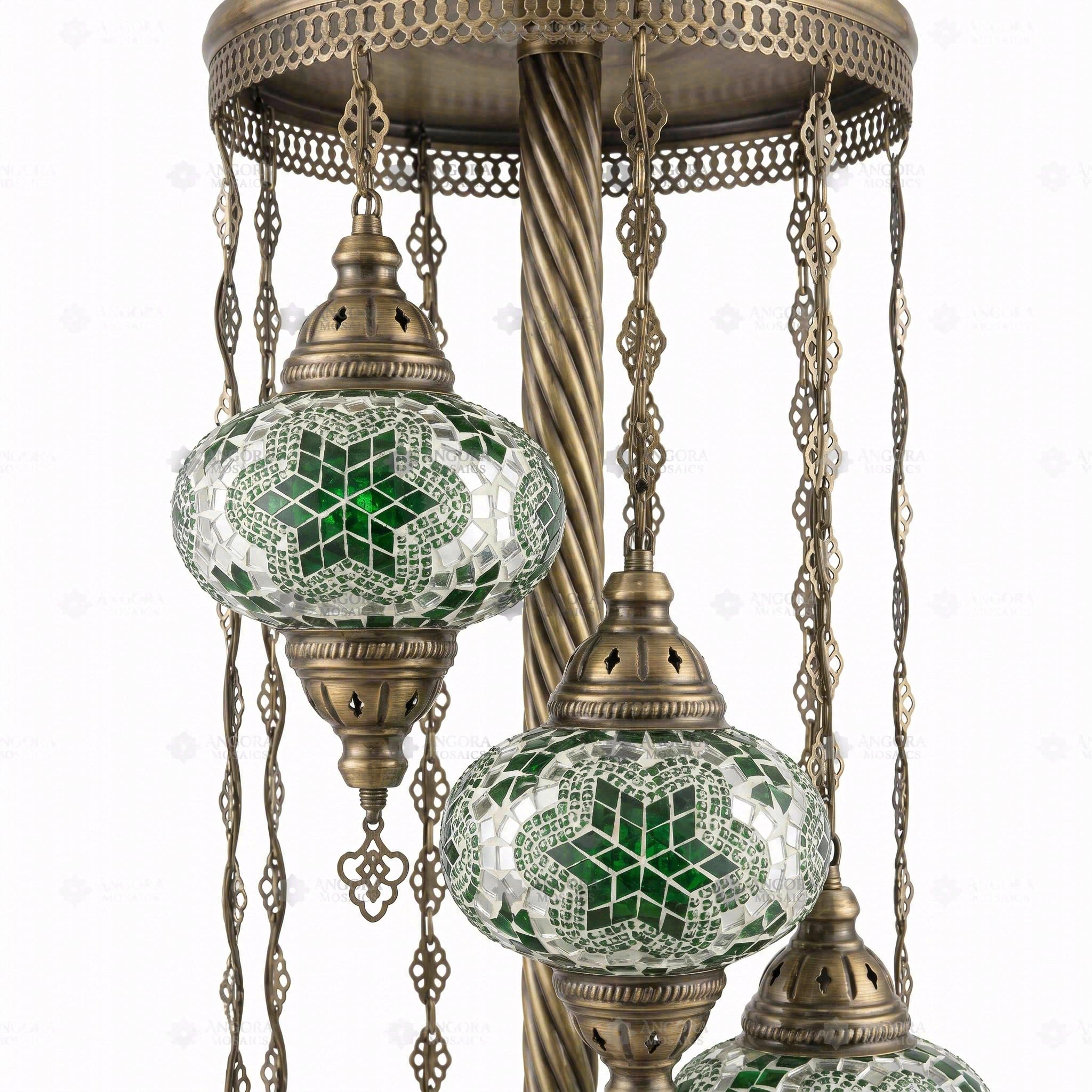 ENVA Lampada da terra verde a 9 globi - Lampada a mosaico turco - Motivo stella smeraldo - Lampada da terra bohémien marocchina, finitura in ottone anticato