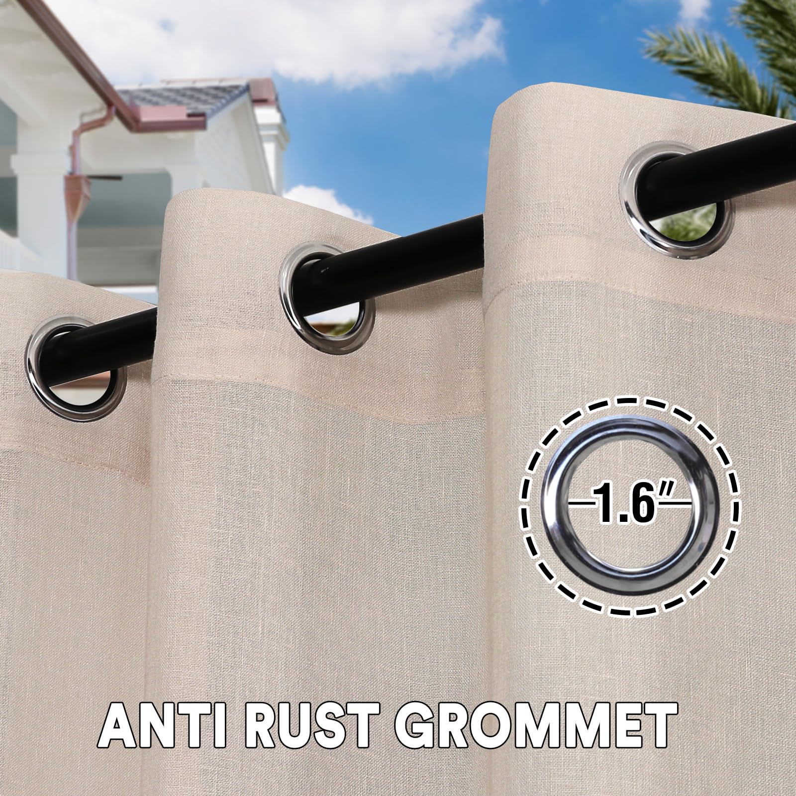 Wasserdichter Outdoor-Vorhang für Terrasse, Leinen-Optik, strapazierfähig, für drinnen und draußen, Solider Ösenvorhang, wärmeisoliert, Sonnenlichtblock-Vorhang für Pavillon/Veranda (132 x 274