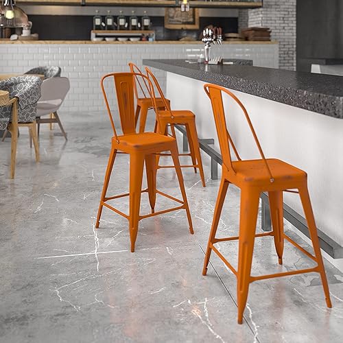 Flash Furniture Commercial Grade 24" High Distressed Orange Metal Indoor-Outdoor Counter Height Stool with Back