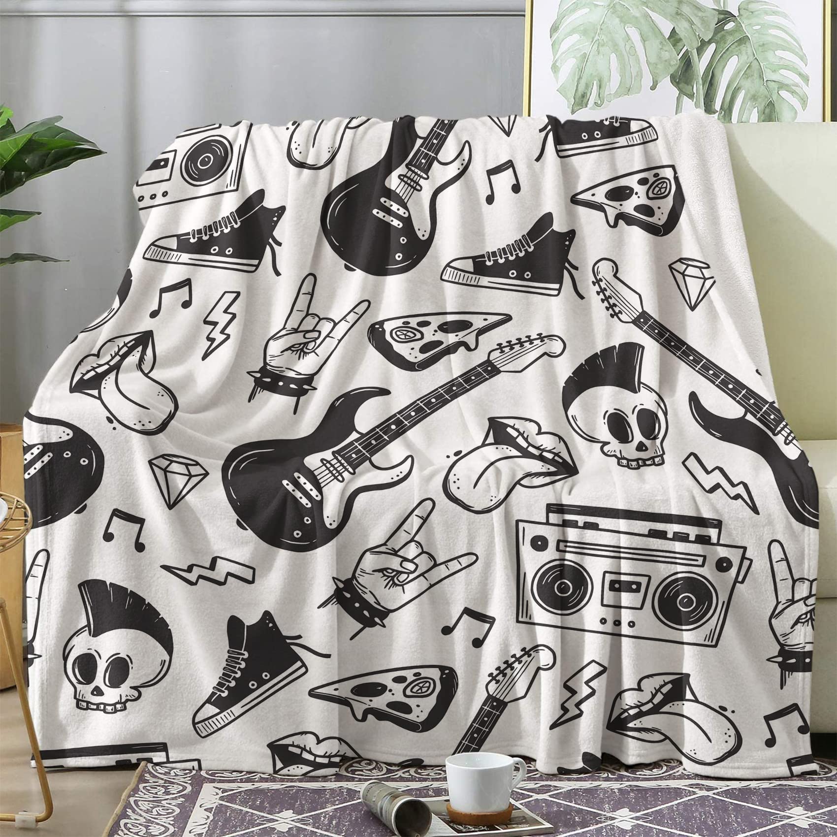 Plaid musique rock n roll BUKITA couverture polaire 200x200 flanelle pour canape et lit 2 personnes