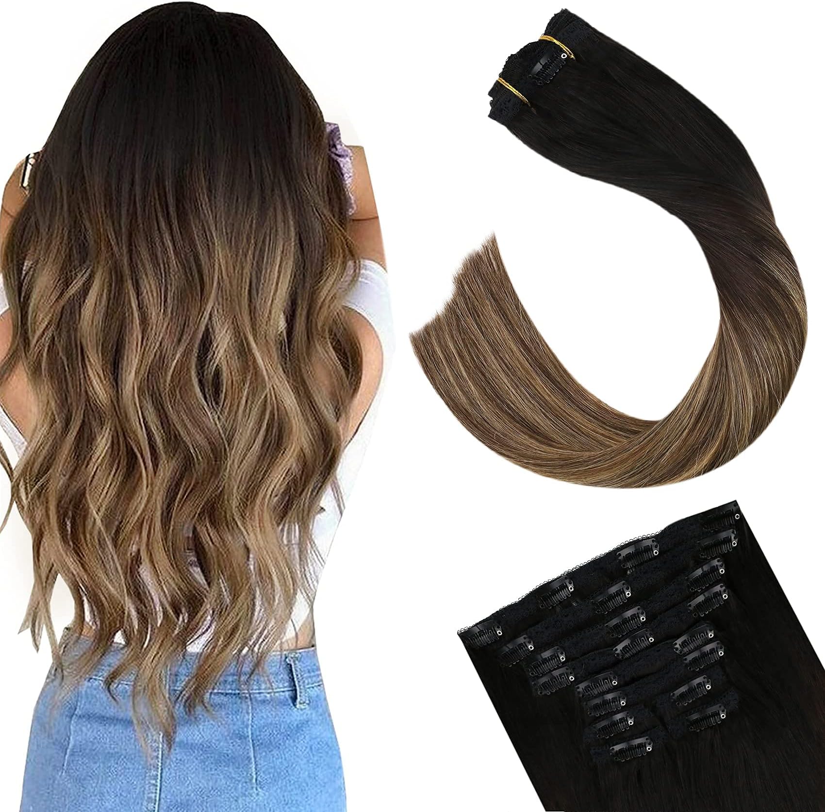Ugeat 14inch Balayage Hair Extensions Clip in Color #1B Dip Dye Color #4 with #27 Silky Straight Brazilian Ombre Human Hair Full Head Clip Extensions 10Pcs 120Gram