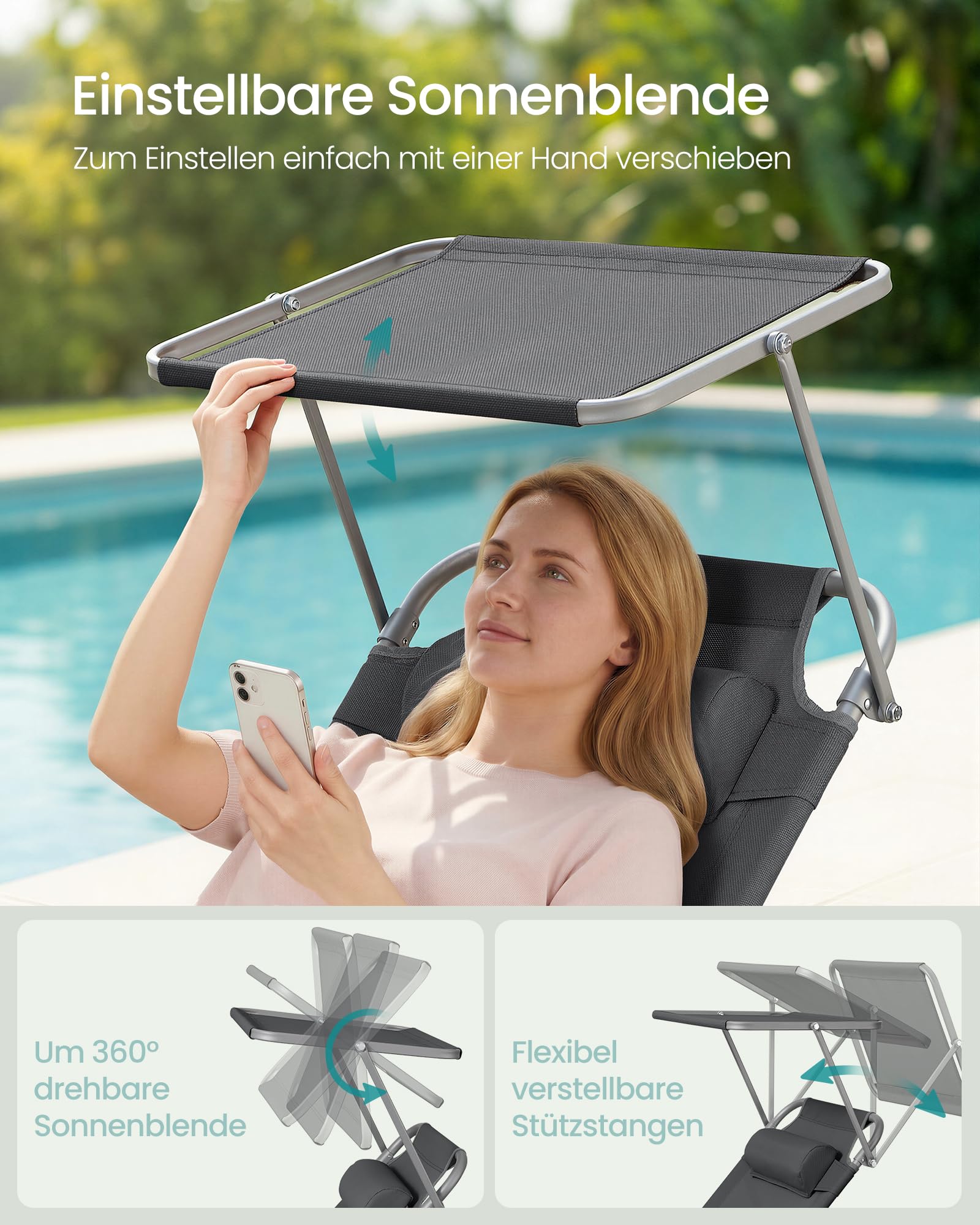 SONGMICS Sonnenliege, klappbarer Liegestuhl, 193 x 53 x 29 cm, trägt bis zu 150 kg, Sonnenschutz, Kopfkissen, verstellbare Rückenlehne, für Garten, Pool, Terrasse, dunkelgrau GCB19UV1
