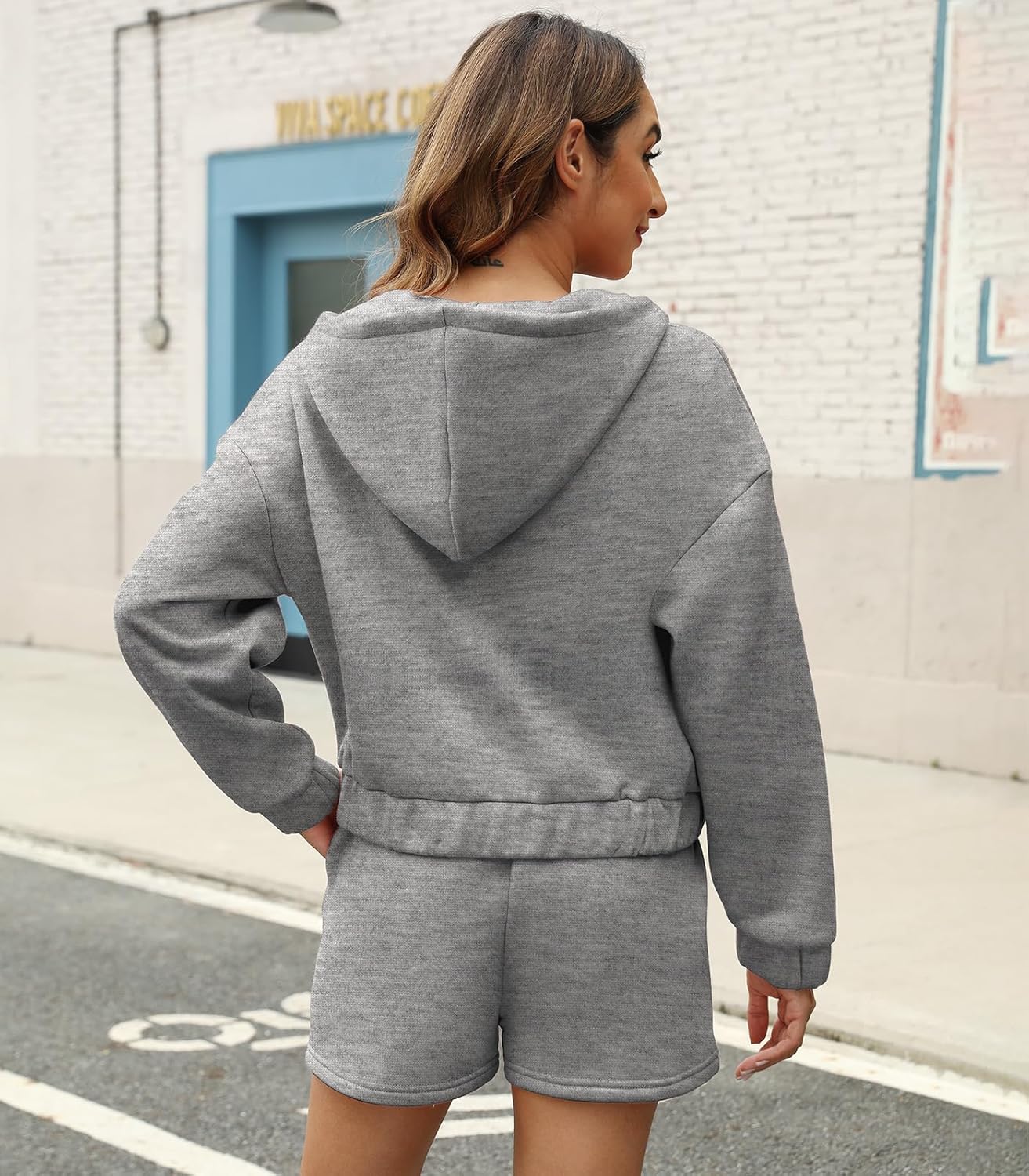 FKEEP Womens 2 Piece Sweatsuit Outfits Half Zip Hoodie Sweat with Shorts Pockets Lounge Winter Tracksuit Wear Matching Set - Image 3