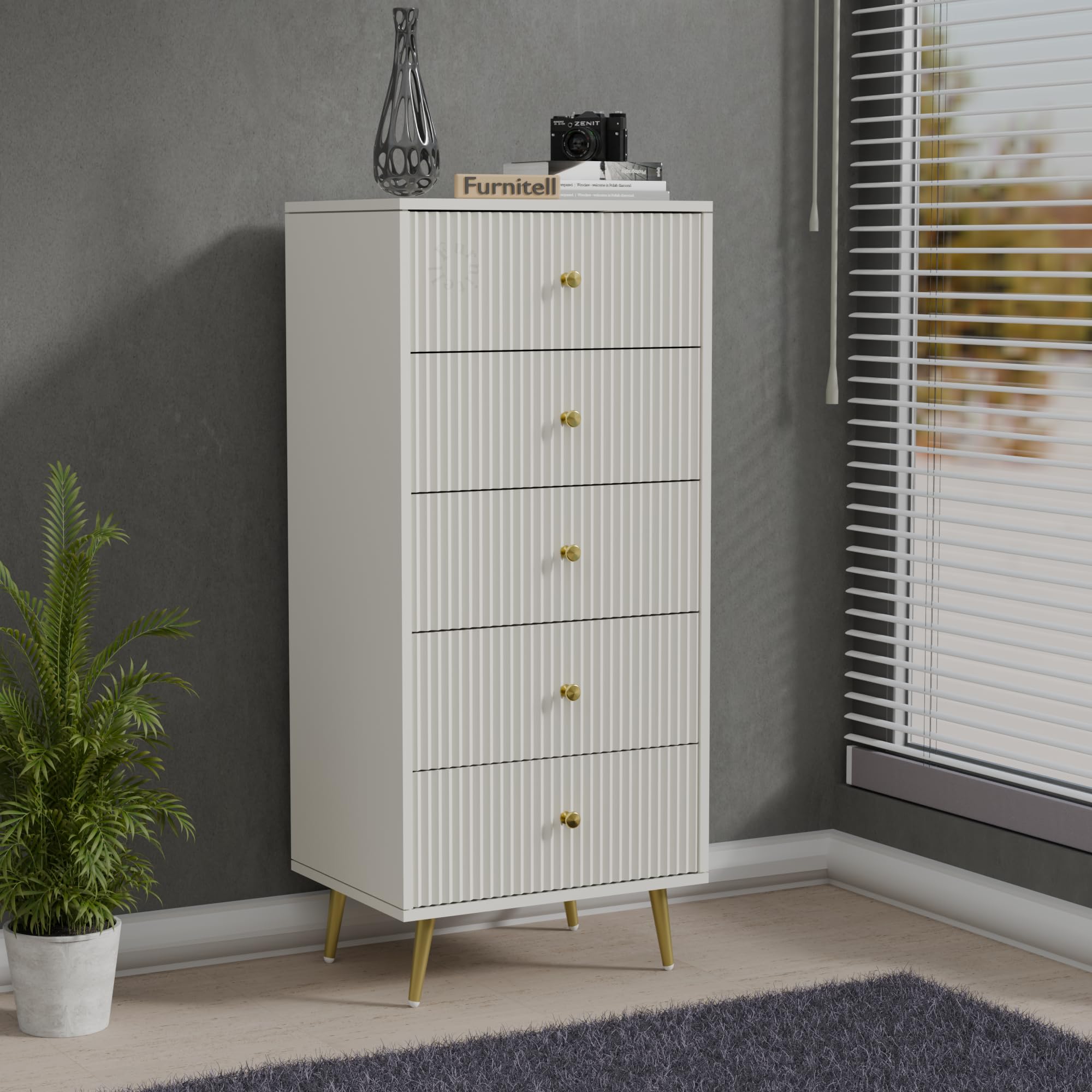 5 Drawer Chest of Drawers for Bedroom & Living Room | Tall Storage Cabinet Organizer with Metal Legs & Knobs | Wooden Chest Cabinet for Clothes, Accessories & Home Storage (White)-image-6
