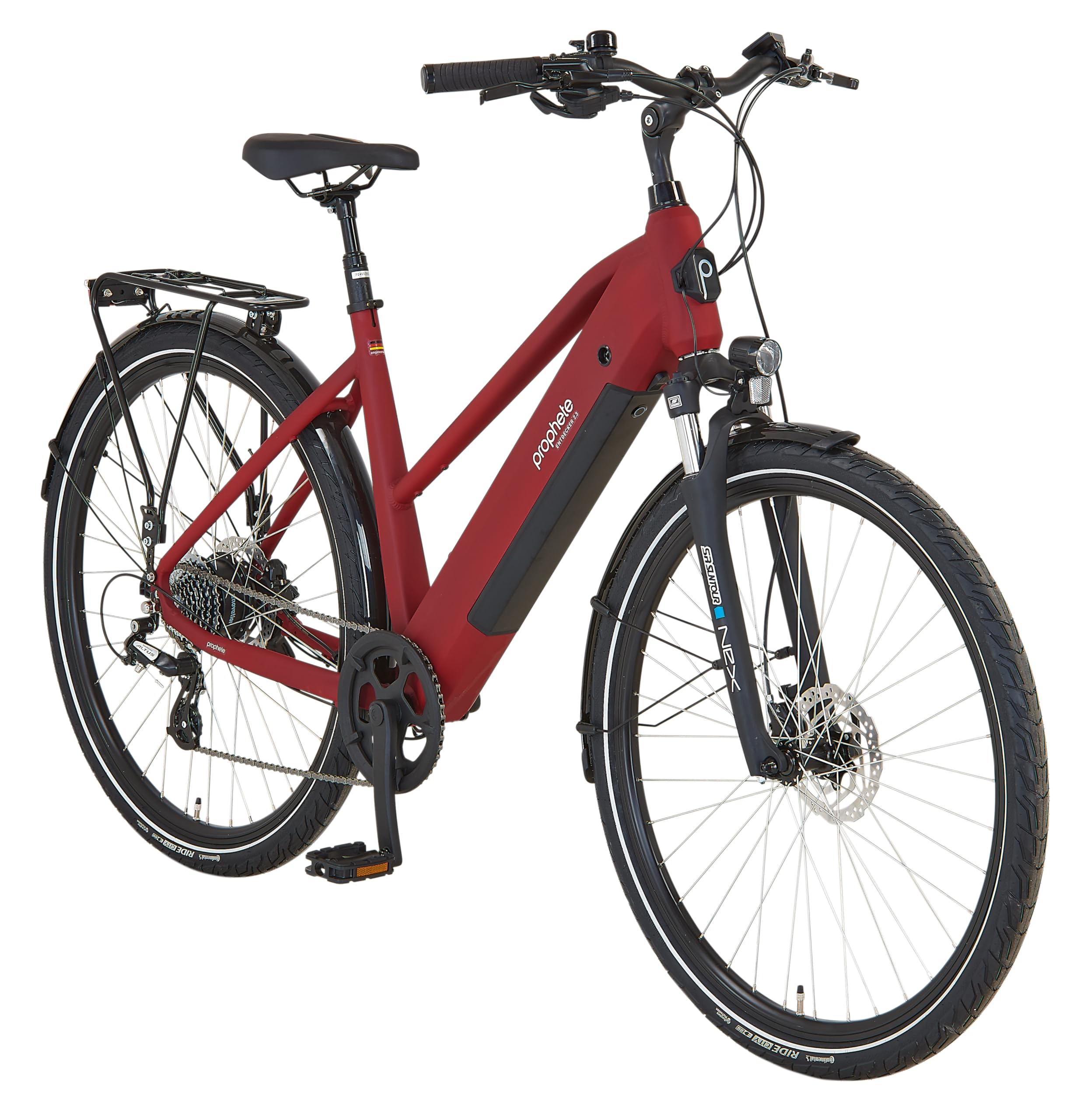 PROPHETE ENTDECKER 2.3 E-Bike, 28" Trapezrahmen 50 cm, Heckmotor 250 W/40 Nm, 8-Gang Kettenschaltung, LCD-Display, 360 Wh Akku, bis 100 km Reichweite, Bordeaux matt