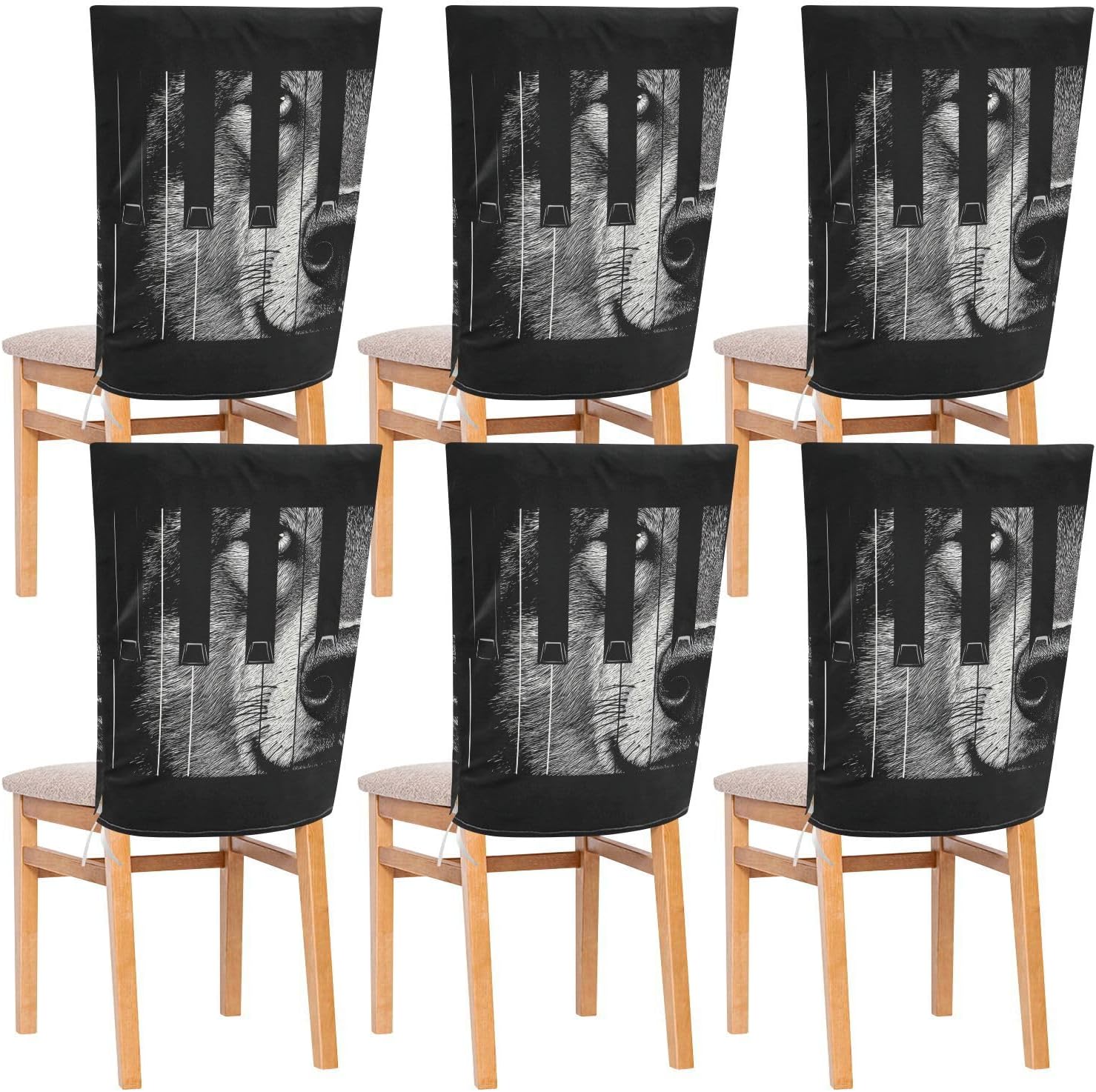 ALAZA Music Piano Keys and Wolf Chair Back Cover Set of 6, Washable Reusable Removable Chair Slipcovers Decorative Chair Cover for Home Kitchen Wedding Party