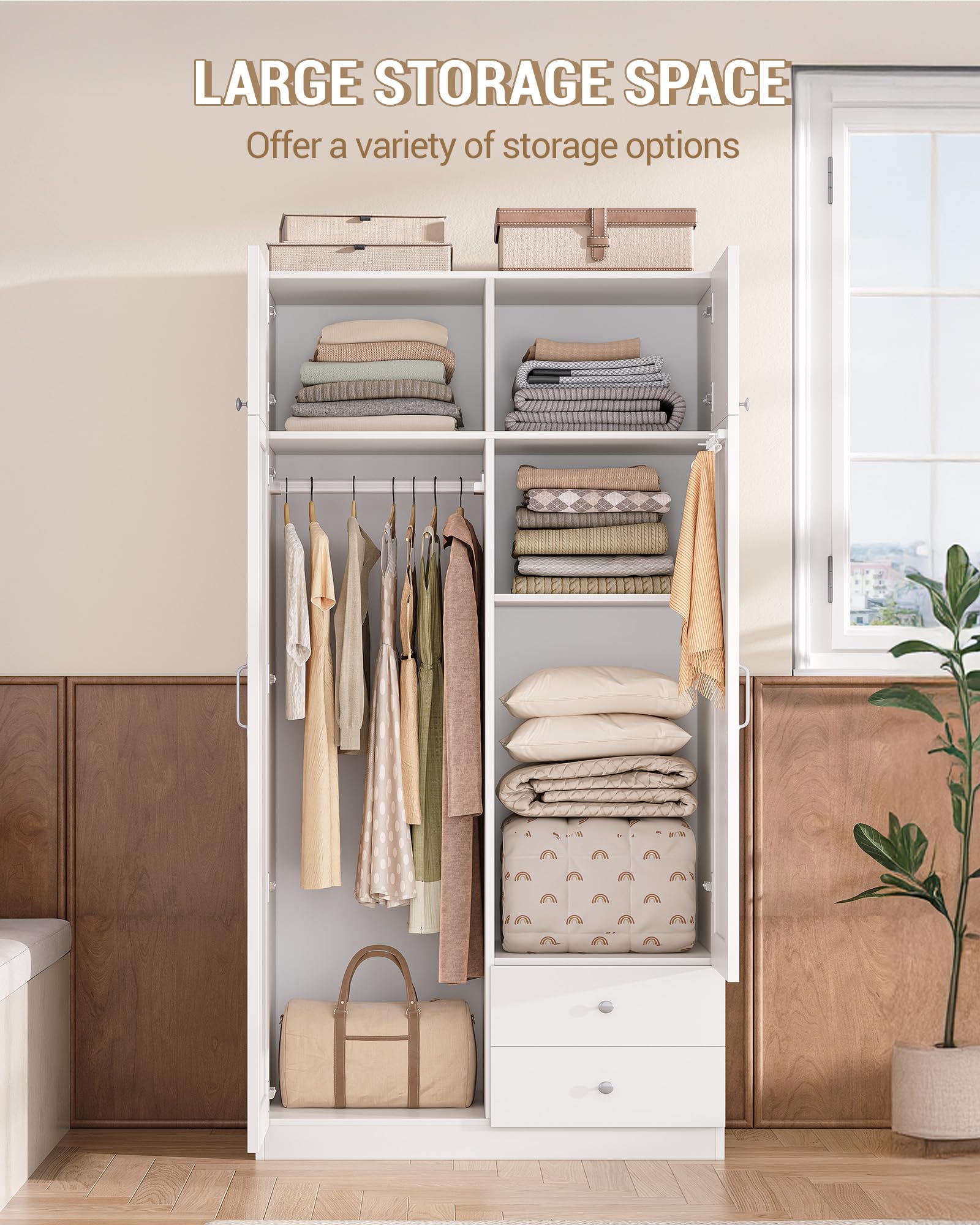 Hzuaneri Armoire avec 4 Portes 2 Tiroirs, Armoire avec Tringle et Étagère de Rangement, Penderie pour Chambre à Coucher, Chambre d'amis et Petits Espaces, Blanc, BW08003E