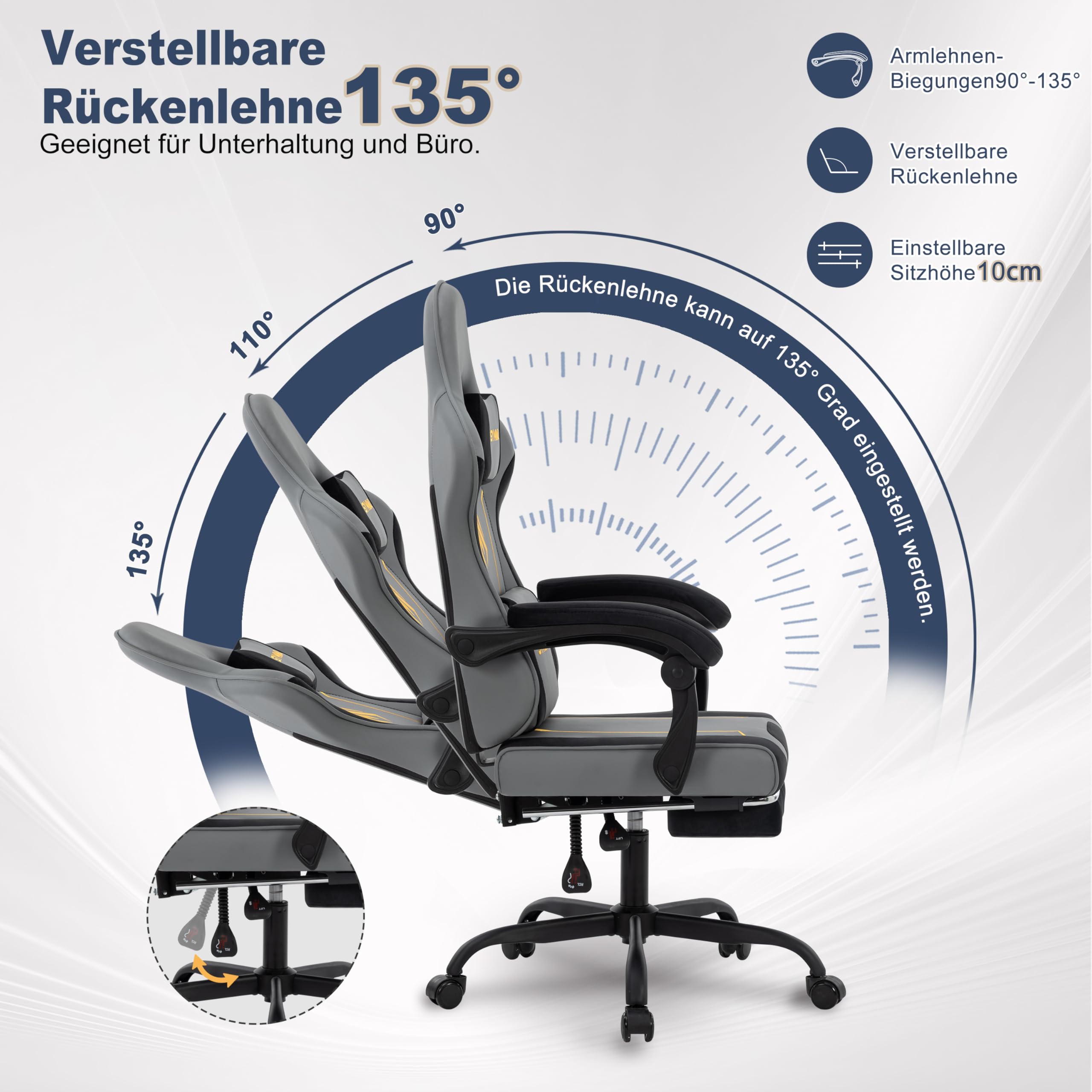 Symino Gaming Stuhl mit Latex Rückenlehne und Sitzkissen, Ergonomischer Bürostuhl, Rennstuhl-Design PC Stuhl, Verstellbarer Drehbarer Task Stühle mit Fußstütze 130kg, Grau-Schwarz