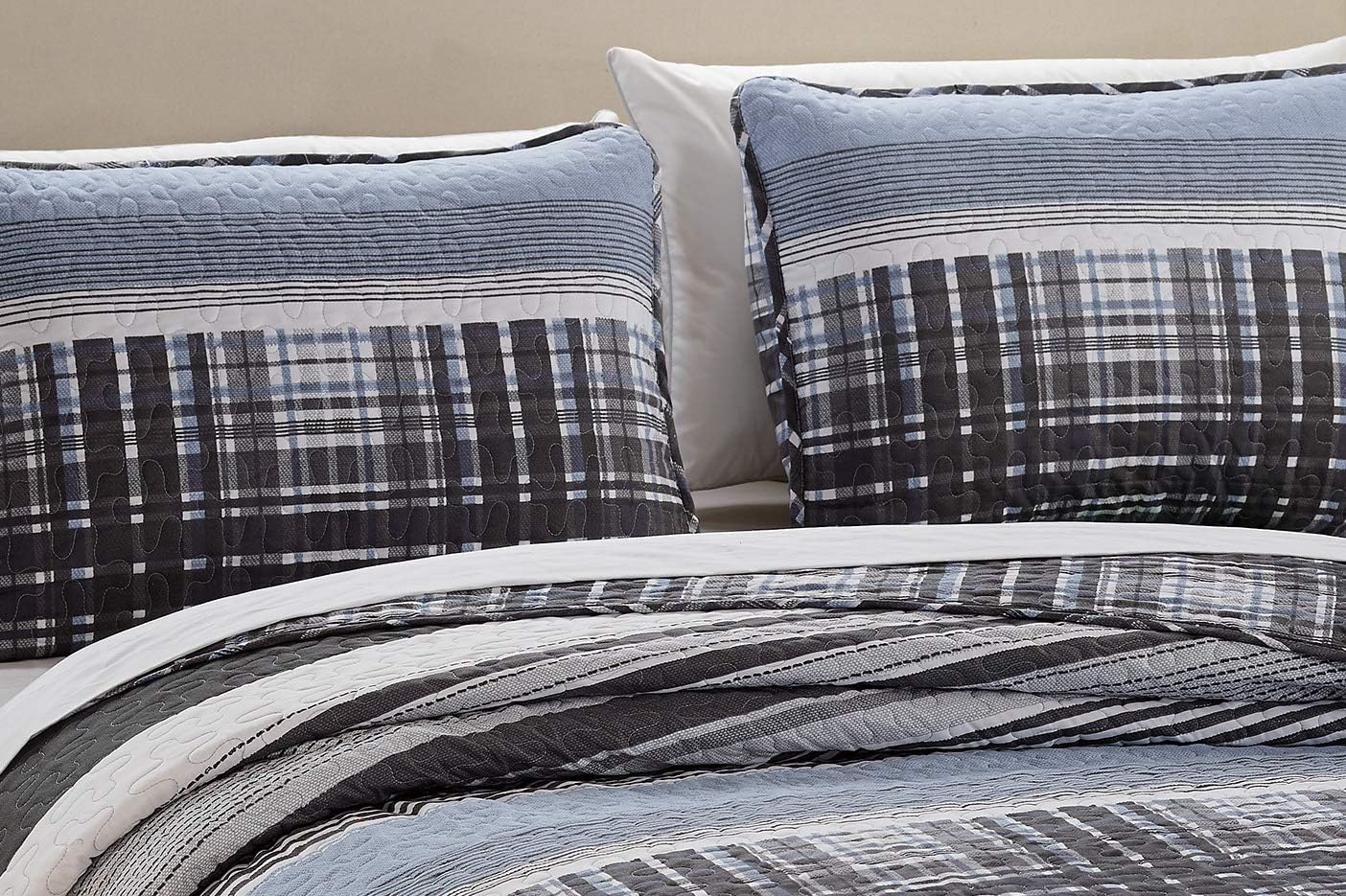 Luxury Home Collection 2 Piece Twin/Twin XL Quilted Reversible Coverlet Bedspread Set Modern Plaid Blue Gray White