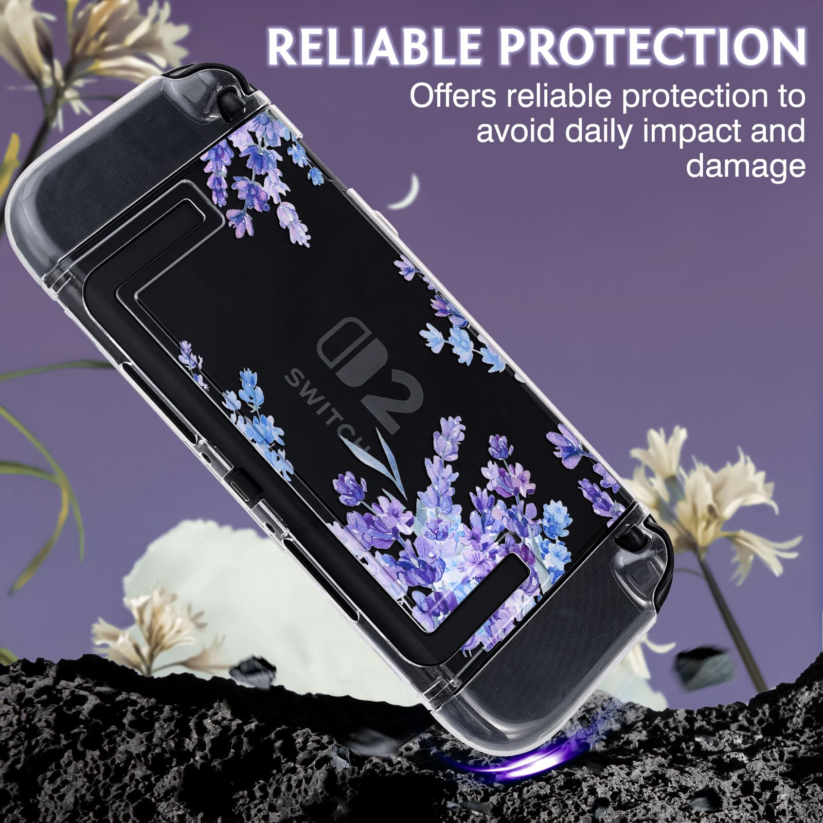 DLseego Protective Case Flower Floral Clear Switch 2 (2025), Detachable Joy-Handle Protective Case 2-Piece Split Full Wrap PC Hard Shell Anti-Scratch All-Round Protection Cover, Lavender, Purple - 4