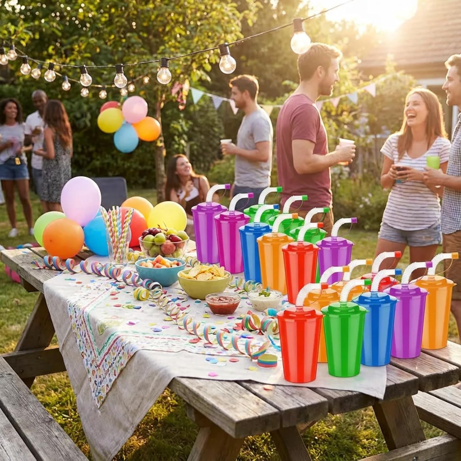 Zubebe 18 Pcs Neon Straws Cups 12 oz Colorful Neon Cups with Sipper and Lids Plastic Favor Reusable Straw for Birthday Party Events Supplies, 6 Colors - Image 4