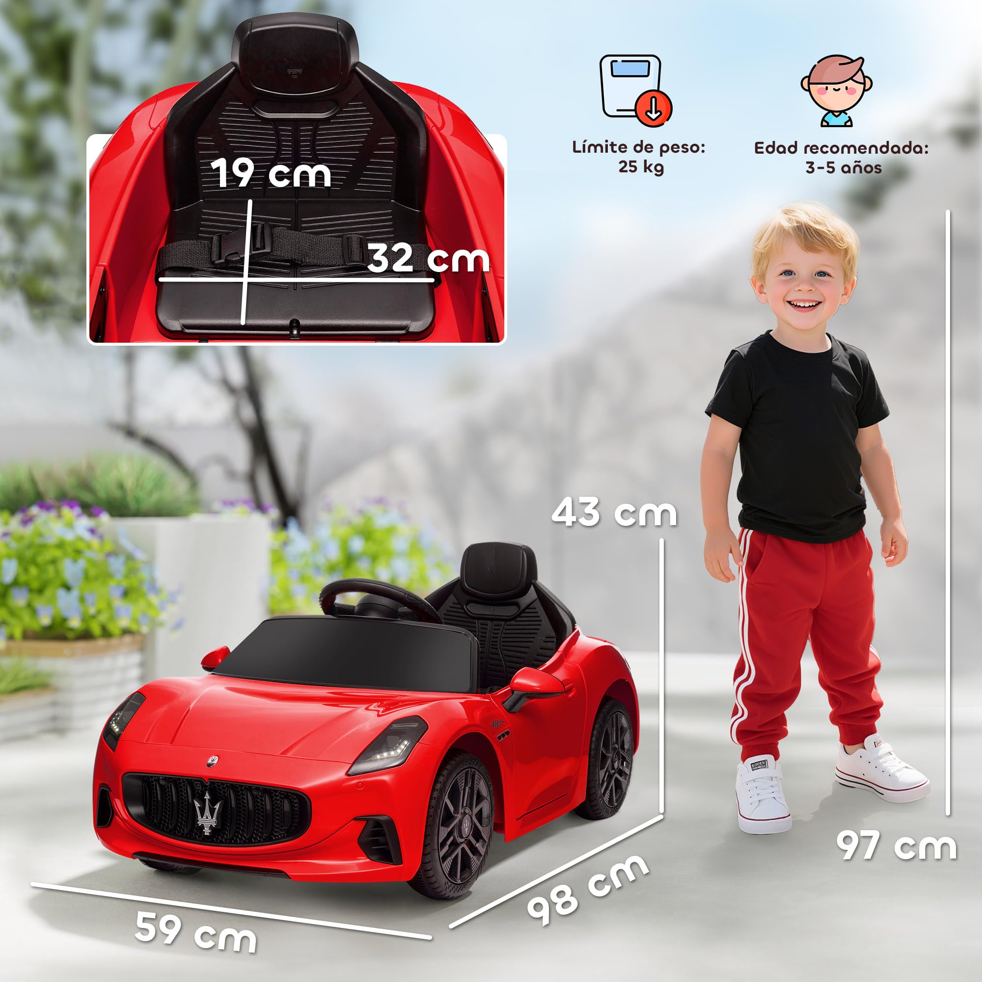 AIYAPLAY Coche Eléctrico para Niños Maserati Gran Turismo Folgore 12V 2 Motores Mando a Distancia 2,4G Rojo